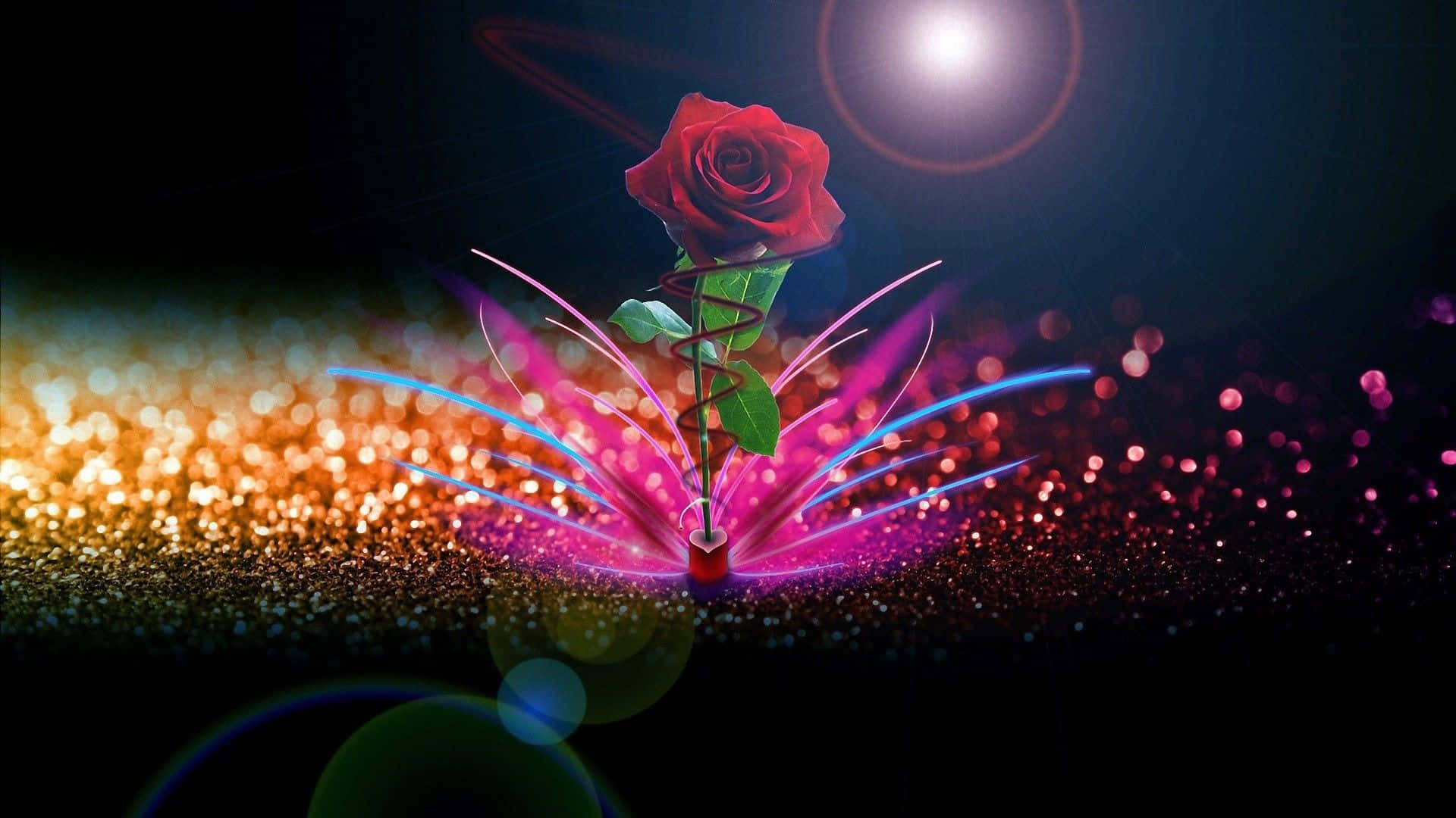 Abstract Rose 桌布 壁紙 — 一朵發光的紅玫瑰從閃爍的金色和粉紅色火花中浮現，在黑暗背景上的明亮聚光燈下。