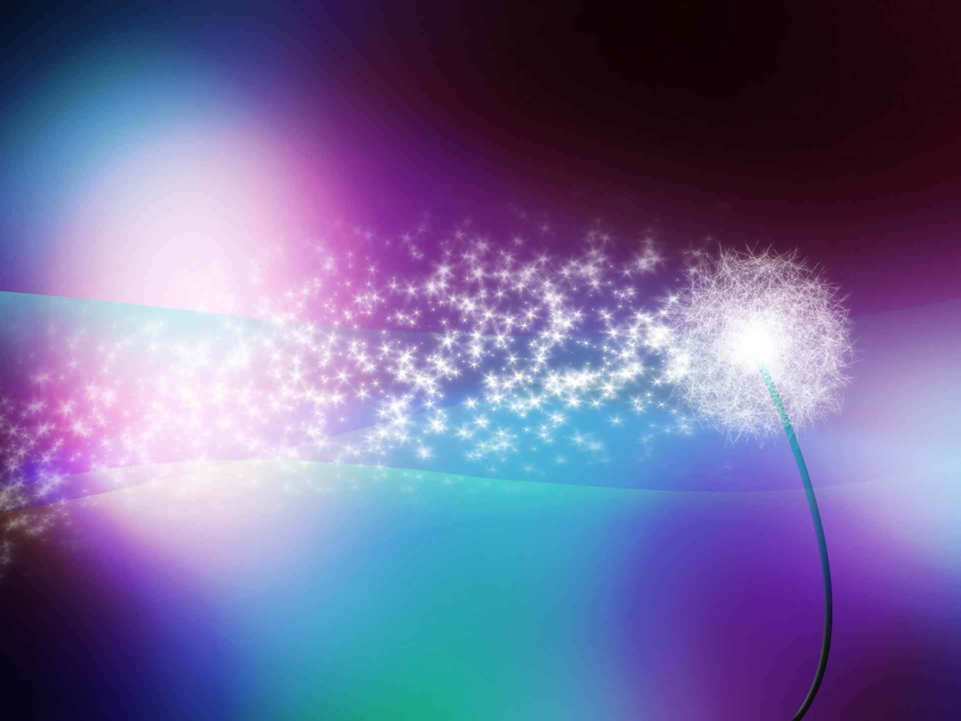 魔法 桌布 壁紙 — 一朵發光的蒲公英在紫色、藍色和藍綠色的鮮豔漸變天空中釋放出閃閃發光的種子。