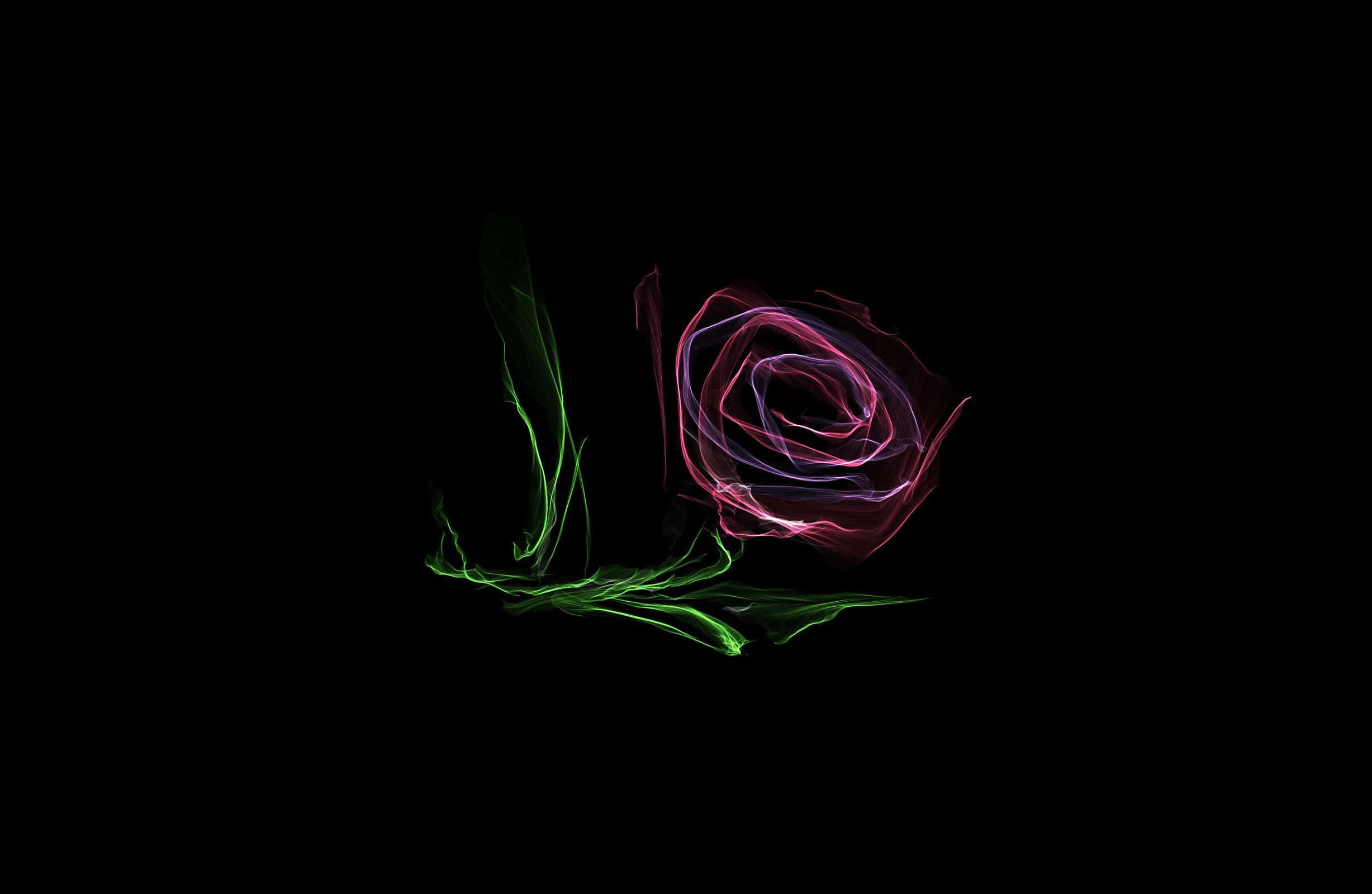 Abstract Rose 桌布 壁紙 — 一朵發光的霓虹玫瑰和莖在純黑色背景上旋轉，帶有充滿活力的粉紅色、紫色和綠色色調。