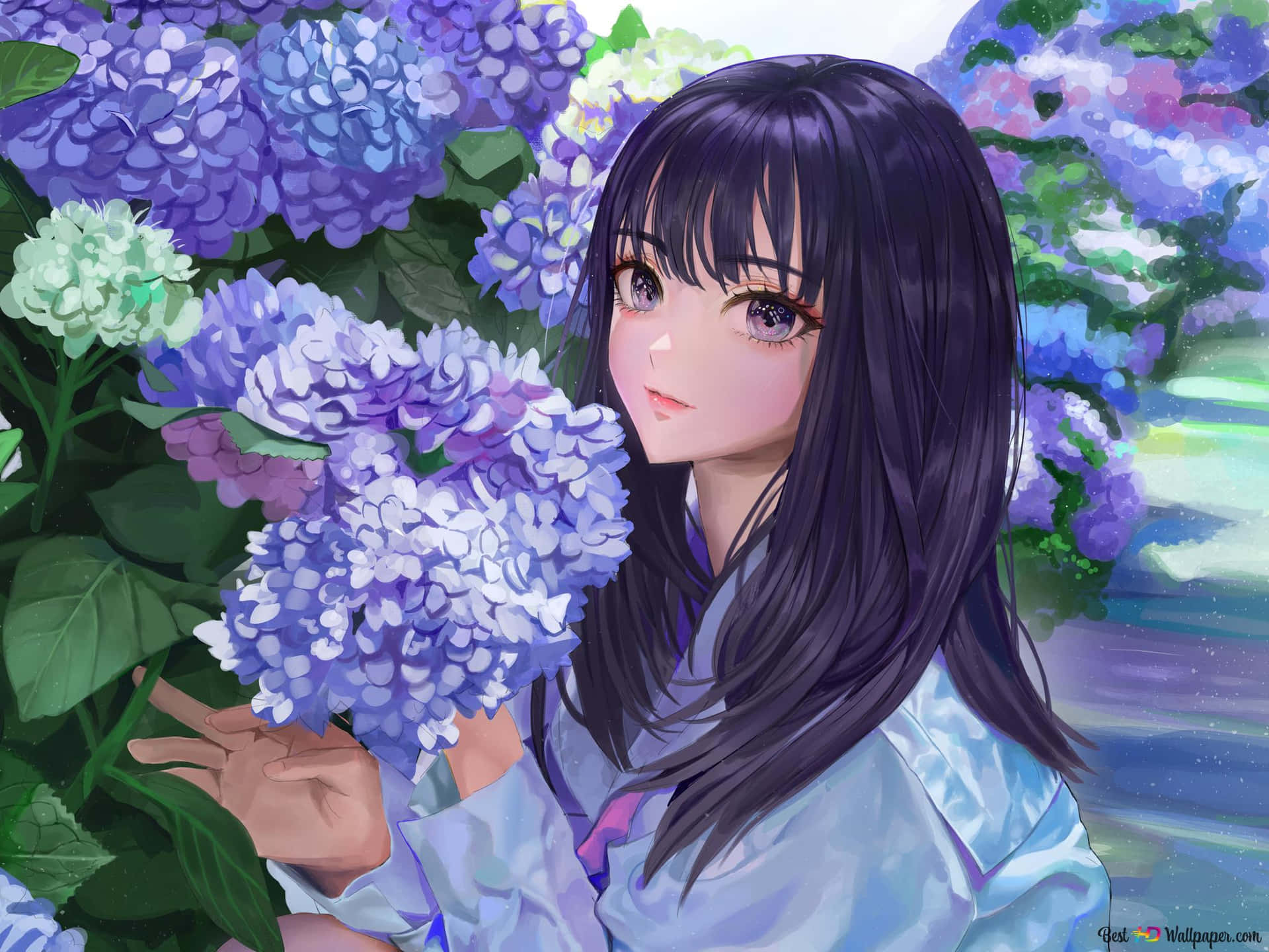 動漫女孩在花園裡拿著紫色繡球花