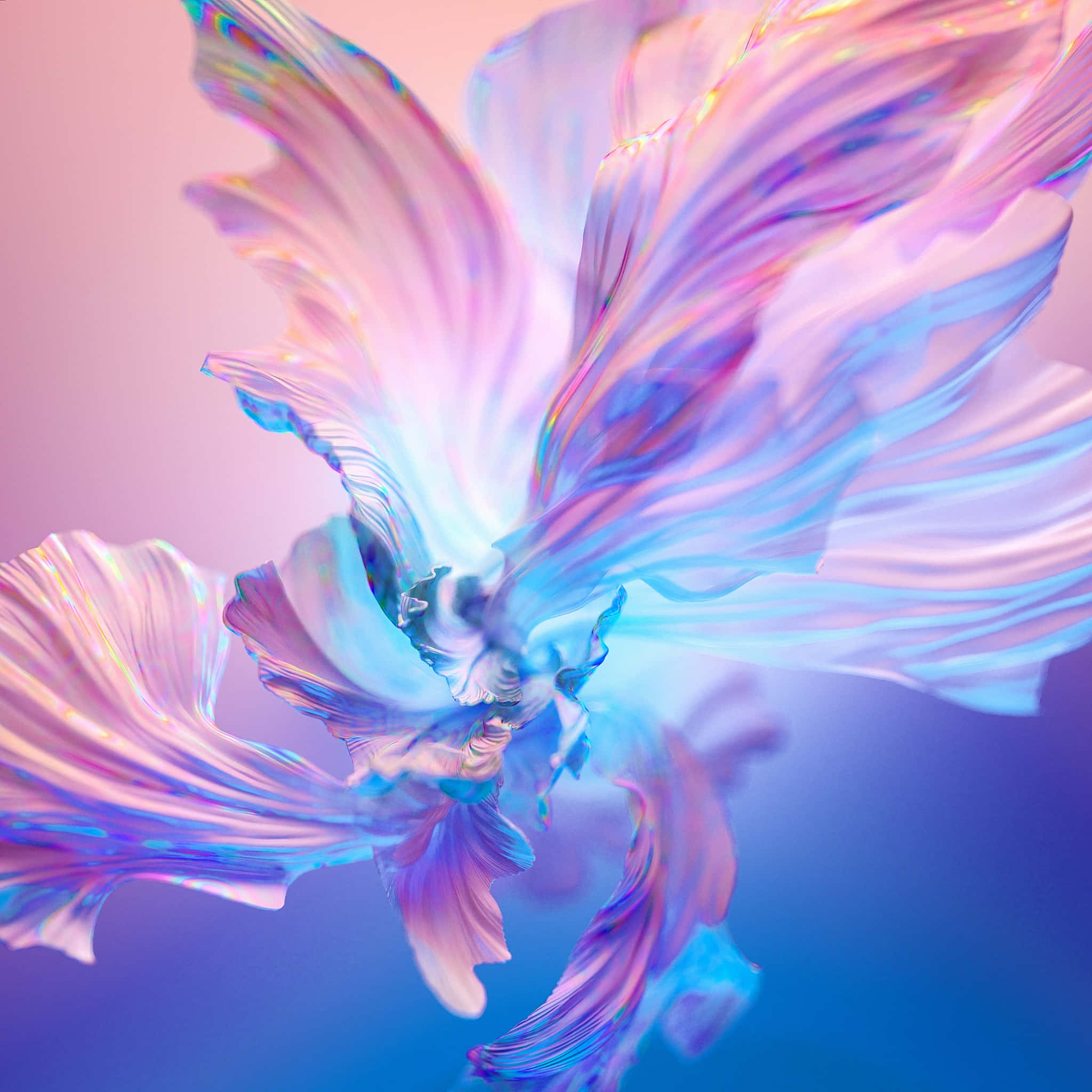 Beautiful Artistic 桌布 壁紙 — 一朵超現實的數碼花朵，帶有虹彩花瓣，在漸變天空下以粉彩粉紅和藍色旋轉。