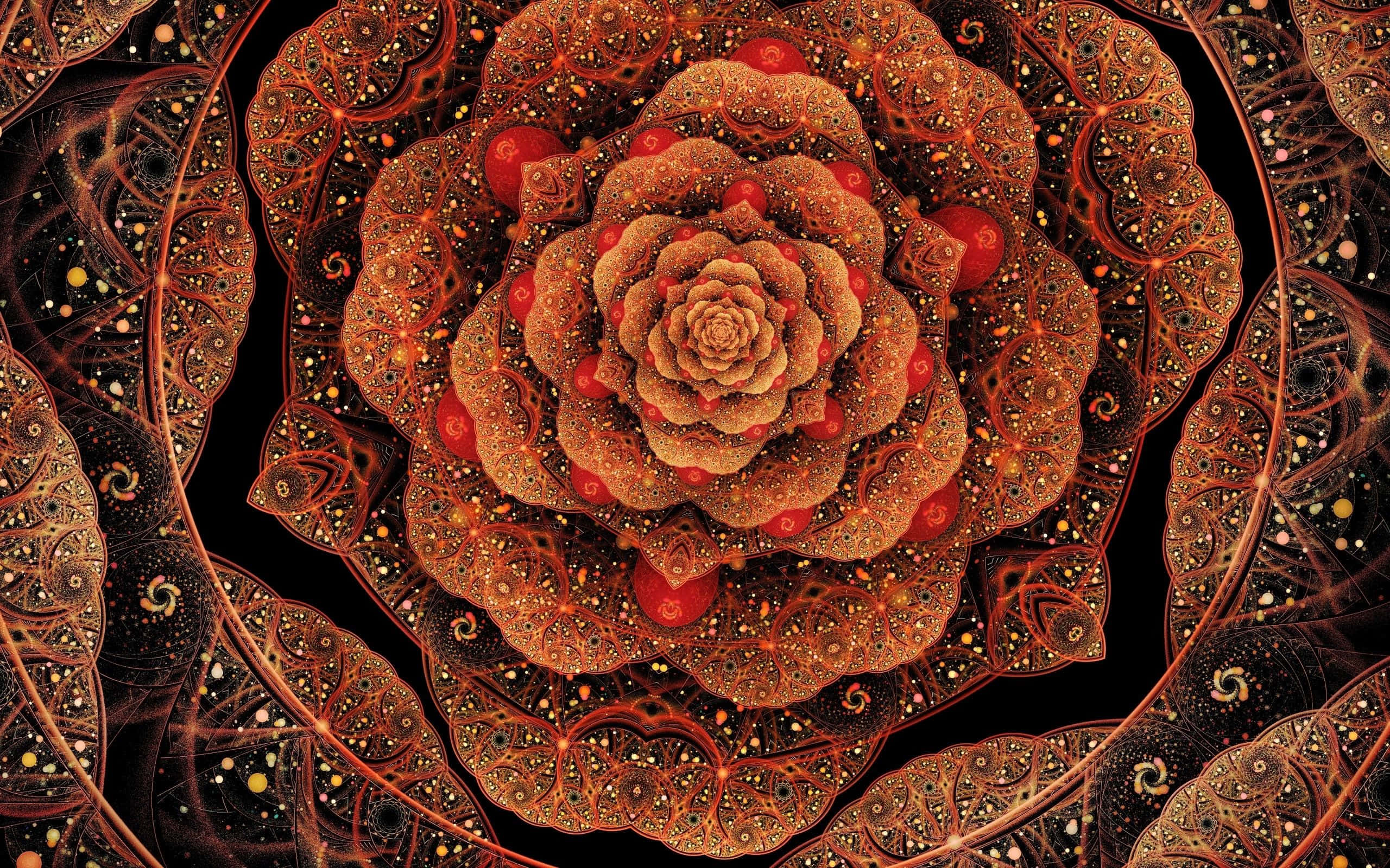 Psychedelic Flowers 桌布 壁紙 — 一朵迷人的分形玫瑰，金色花瓣和紅色點綴，在深色背景上向內螺旋。