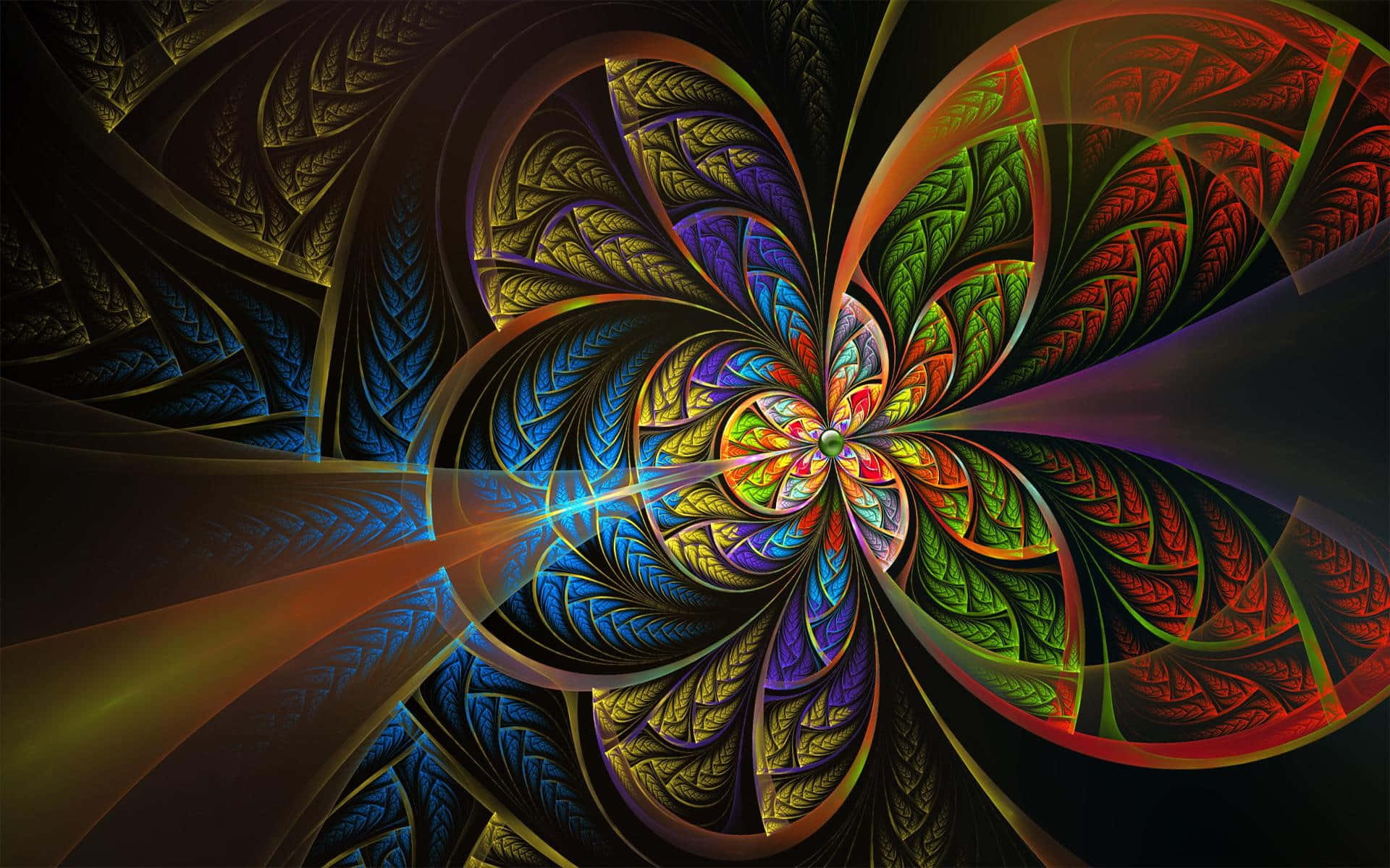 3d Abstract 桌布 壁紙 — 一朵迷人的分形花，在深色背景上呈現鮮豔彩虹色調的旋轉花瓣。