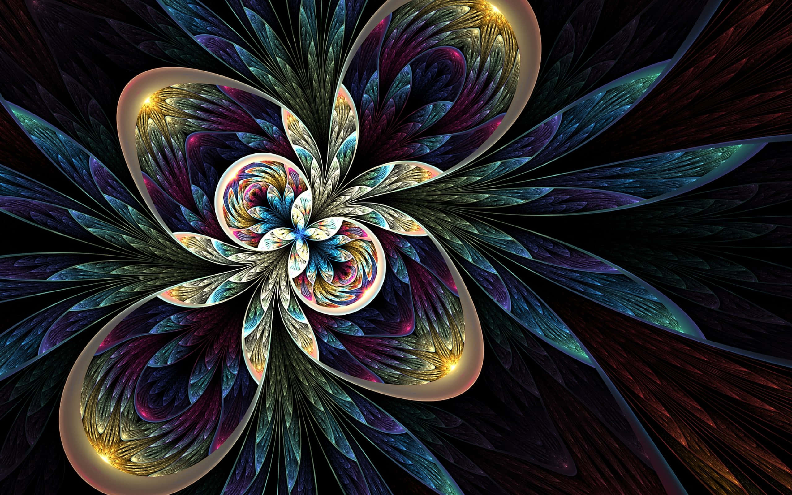 抽象藝術 桌布 壁紙 — 一朵迷人的分形花，帶有深紫色、藍色和金色的漩渦花瓣，在黑色背景上閃耀。