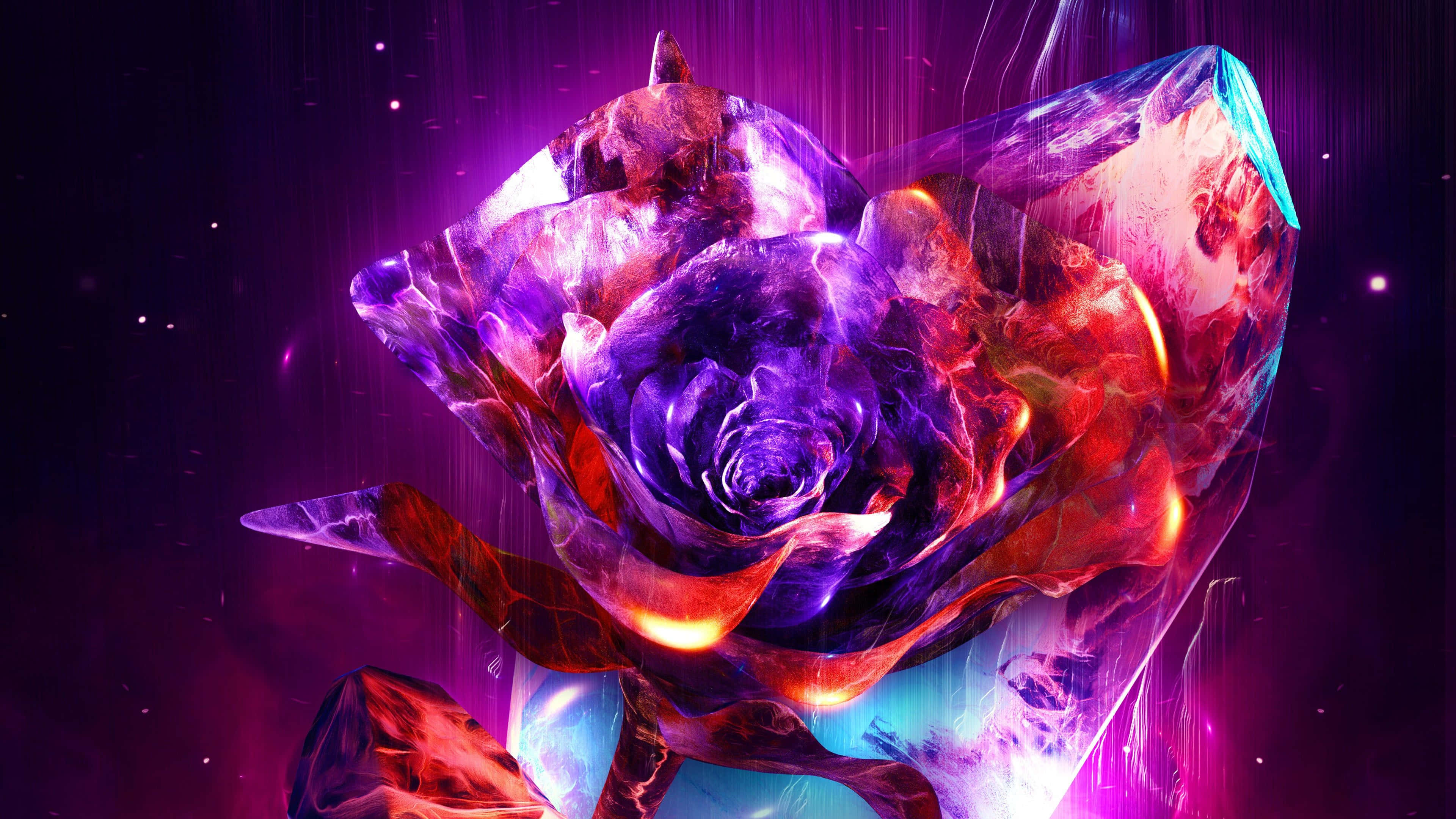 Abstract Rose 桌布 壁紙 — 一朵閃爍的晶瑩玫瑰，帶有火熱的橙色和電光紫色調，在繁星點點的宇宙背景下脈動。
