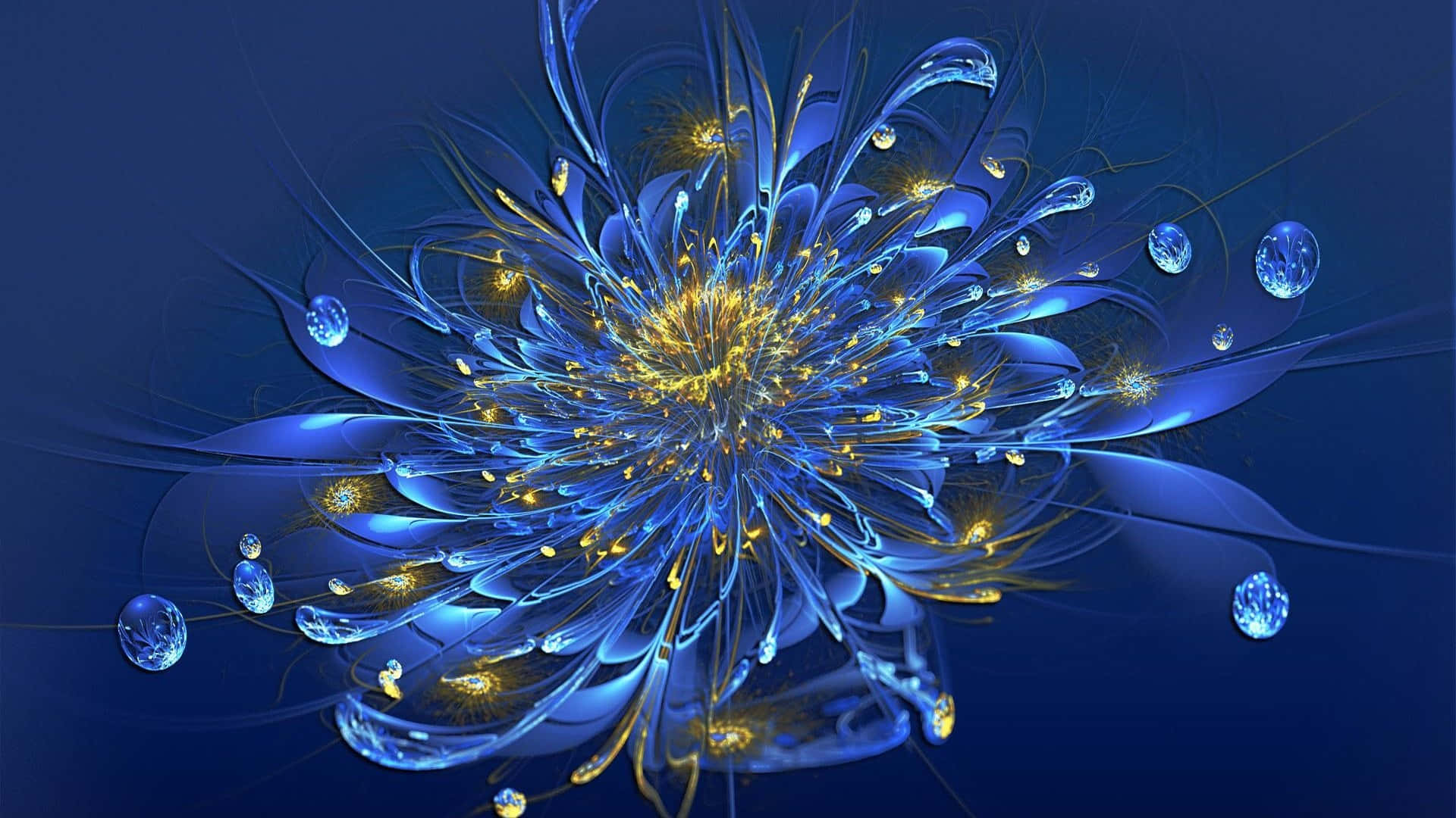 3d Abstract 桌布 壁紙 — 一朵閃耀的藍色分形花，帶有發光的金色中心和水滴點綴，在深藍色背景上綻放。