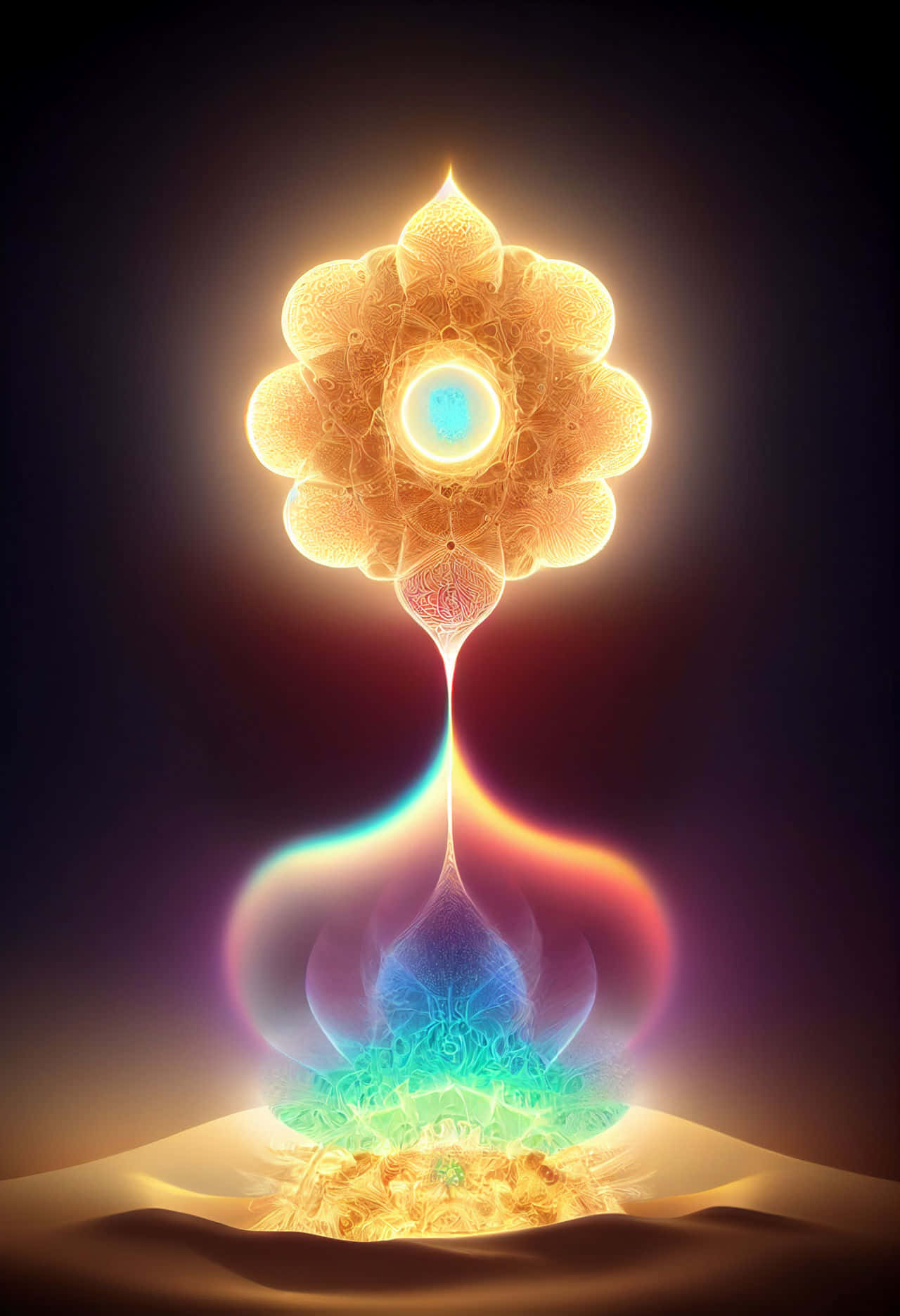 Reiki 桌布 壁紙 — 一朵閃耀的金色蓮花，帶有發光的藍色核心，漂浮在從沙漠沙丘中升起的彩色能量漩渦之上。