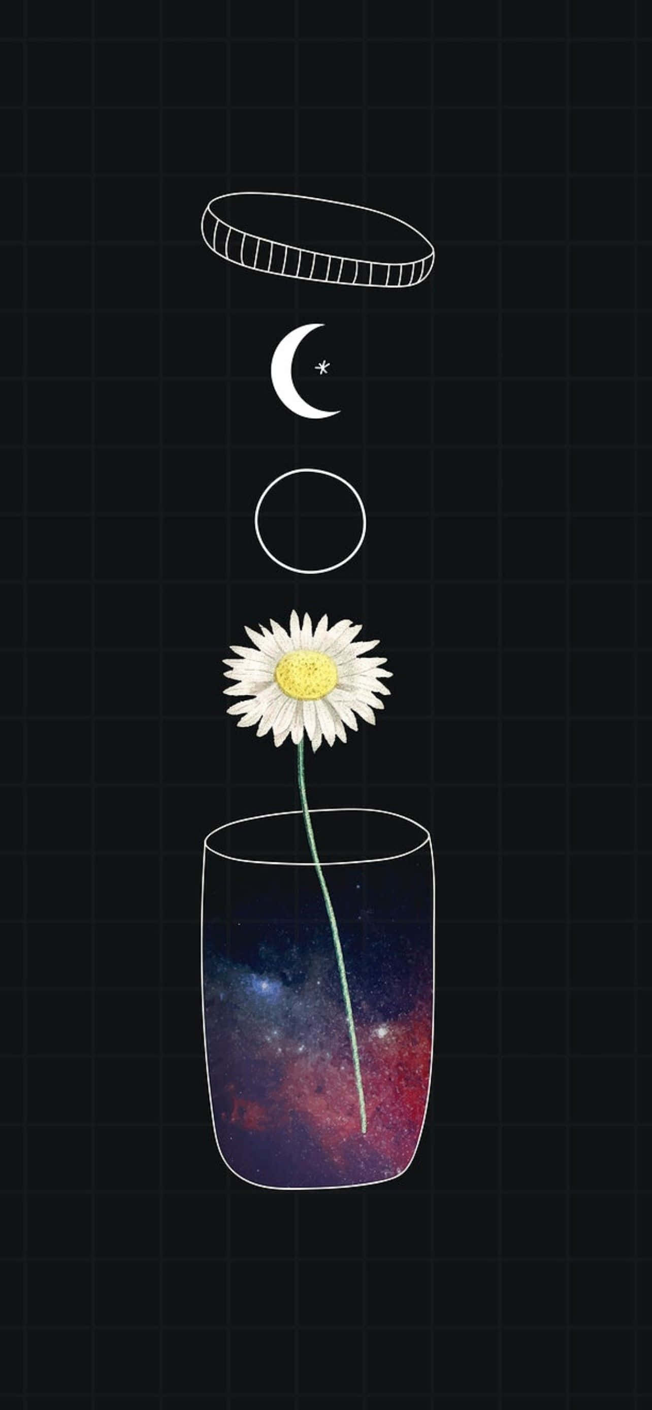 型格 iPhone 壁紙 桌布 壁紙 — 一朵雛菊在宇宙星系花瓶內，帶有漂浮的月亮、星星和蓋子，背景為深色網格。