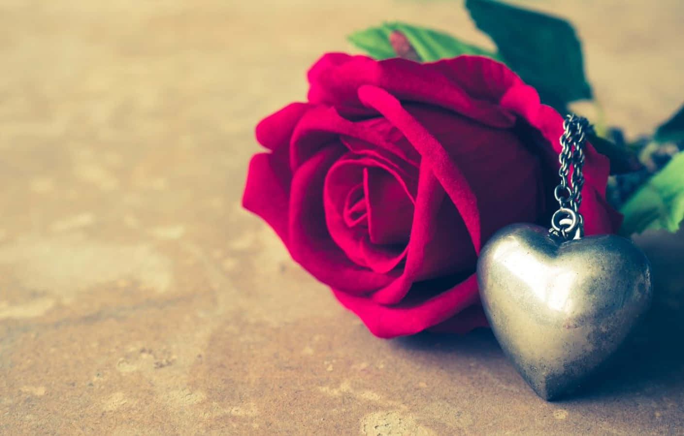 Rose Heart 桌布 壁紙 — 一朵鮮紅的玫瑰放在一個有紋理的石頭表面上，旁邊是一個暗淡的銀色心形吊墜。