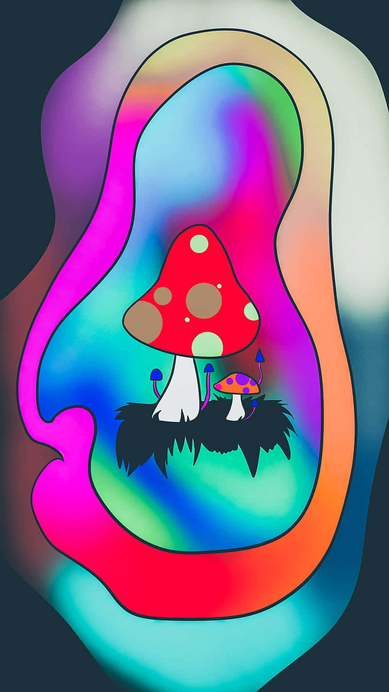 Trippy Mushroom 桌布 壁紙 — 一朵鮮紅色帶白色斑點的蘑菇，生長在迷幻彩虹色的抽象景觀中。