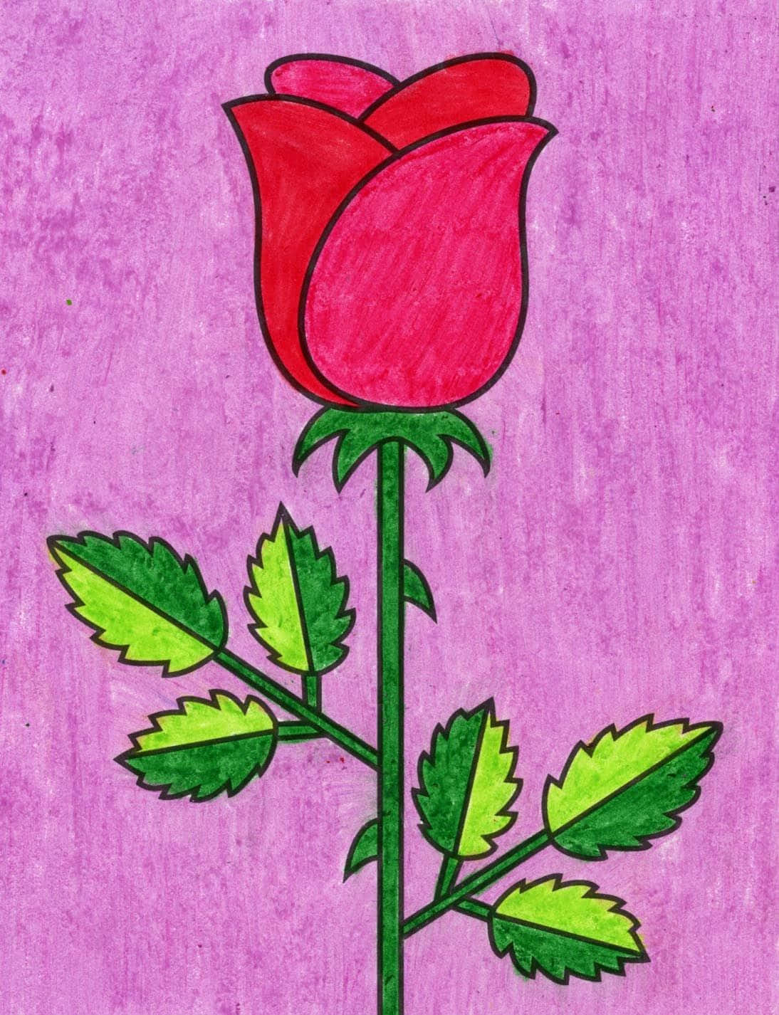 Rose Art 桌布 壁紙 — 一朵鮮豔的紅玫瑰，帶有綠葉和莖，在帶有紋理的紫色背景上高高聳立。