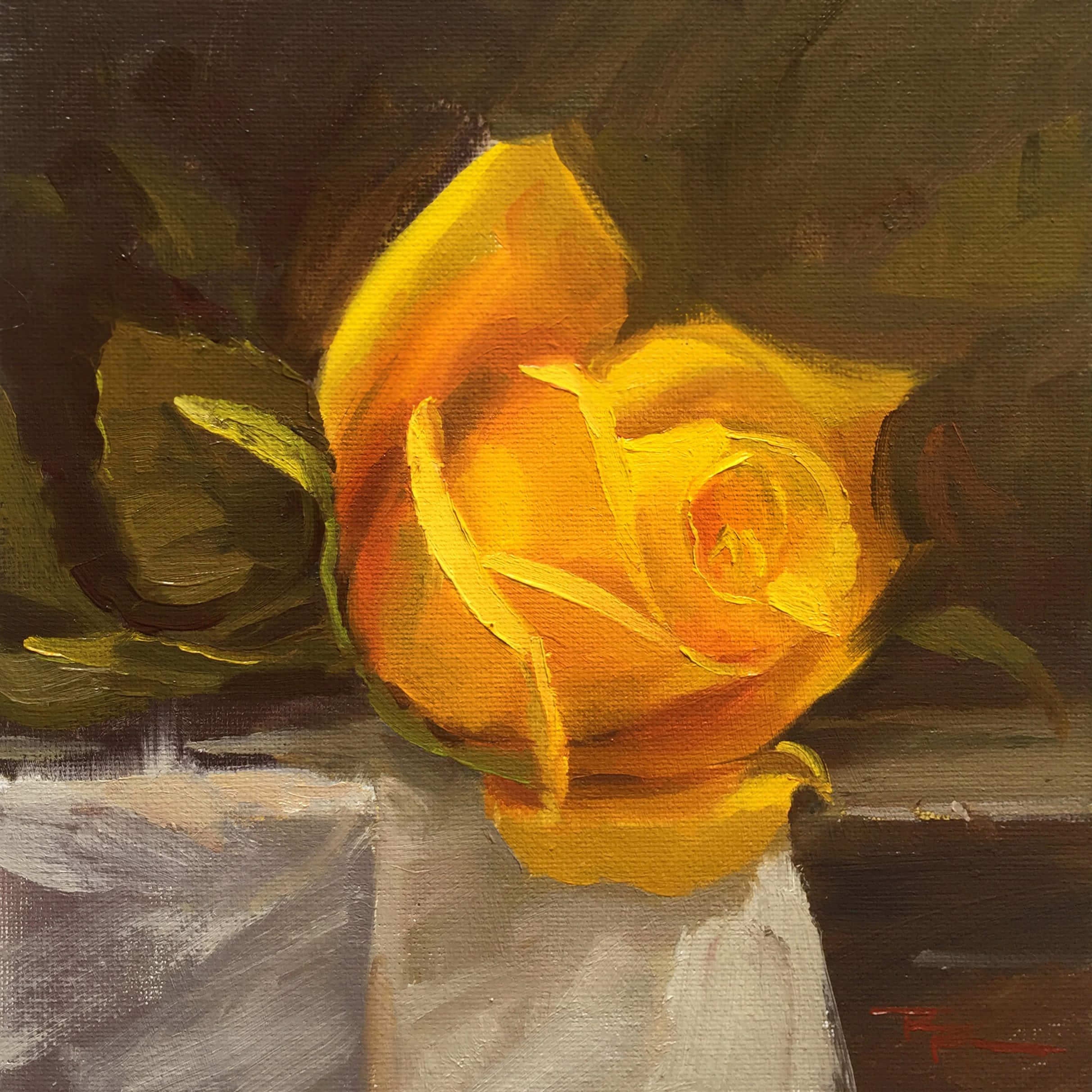 Yellow Art 桌布 壁紙 — 一朵鮮豔的黃玫瑰，以油畫厚塗筆觸繪製，放在白色花瓶裡，背景深色。