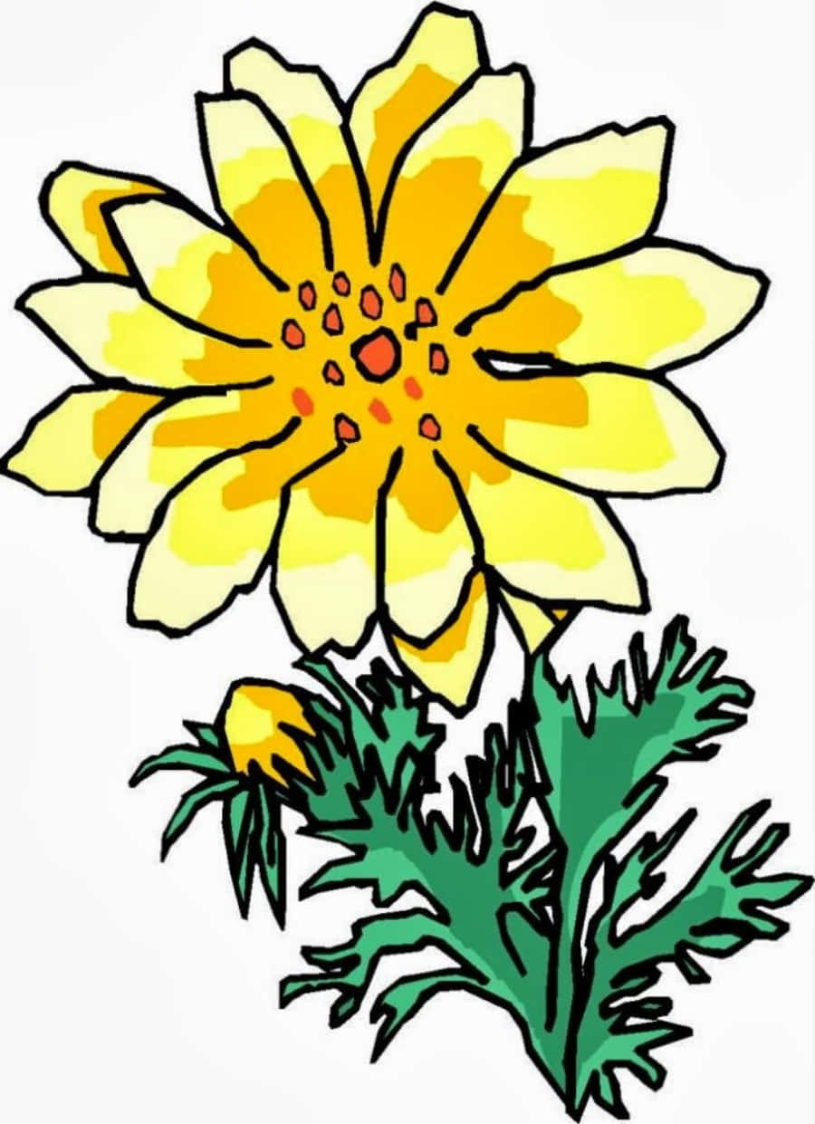 Clipart 桌布 壁紙 — 一朵鮮黃色的花朵，帶有粗黑的輪廓和綠葉，在純白背景上盛開。
