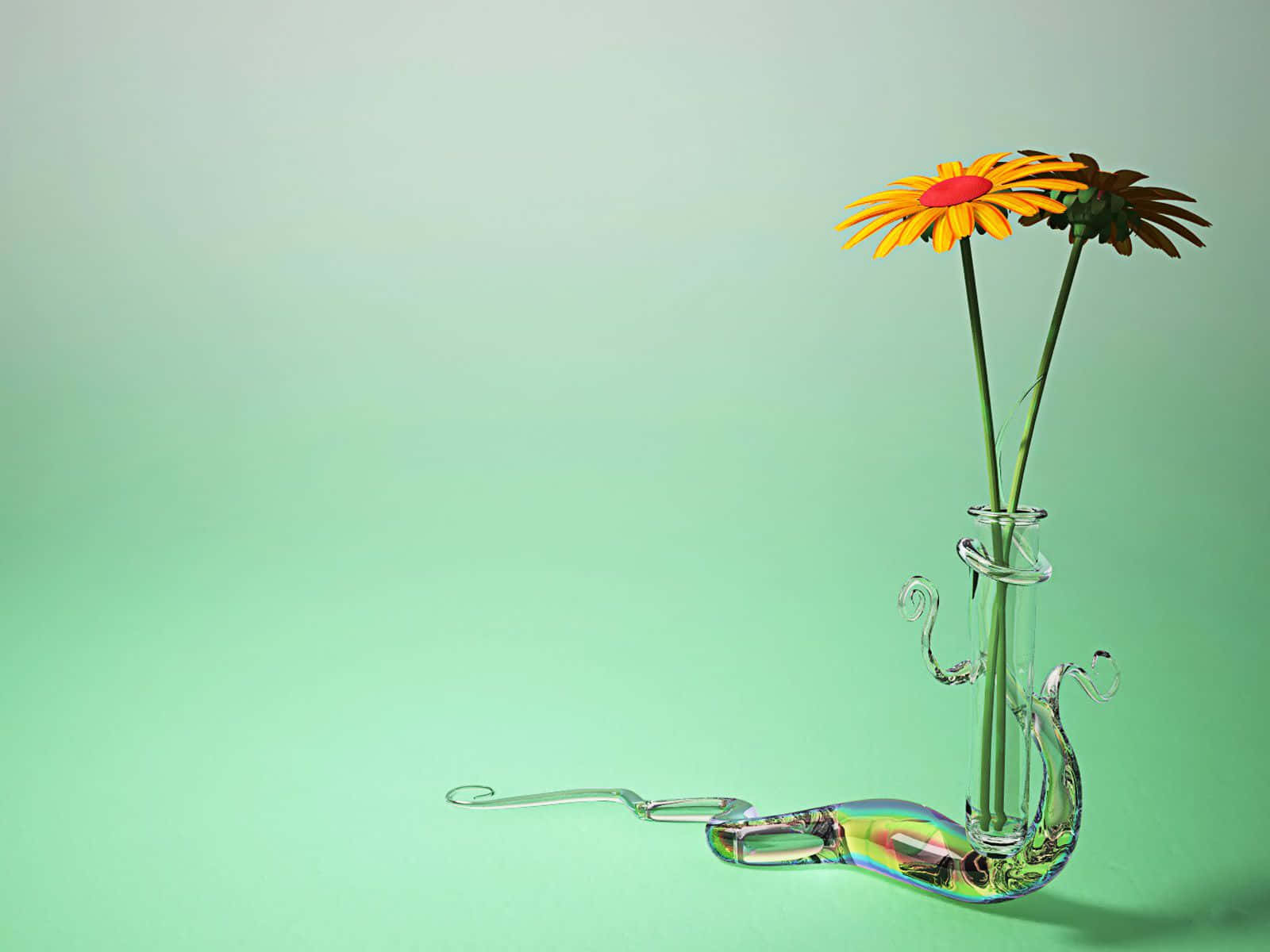 Simple Flower 桌布 壁紙 — 一朵鮮黃色的雛菊和一朵枯萎的棕色雛菊，插在一個天鵝形狀的別緻玻璃花瓶裡，背景是柔和的薄荷綠色。
