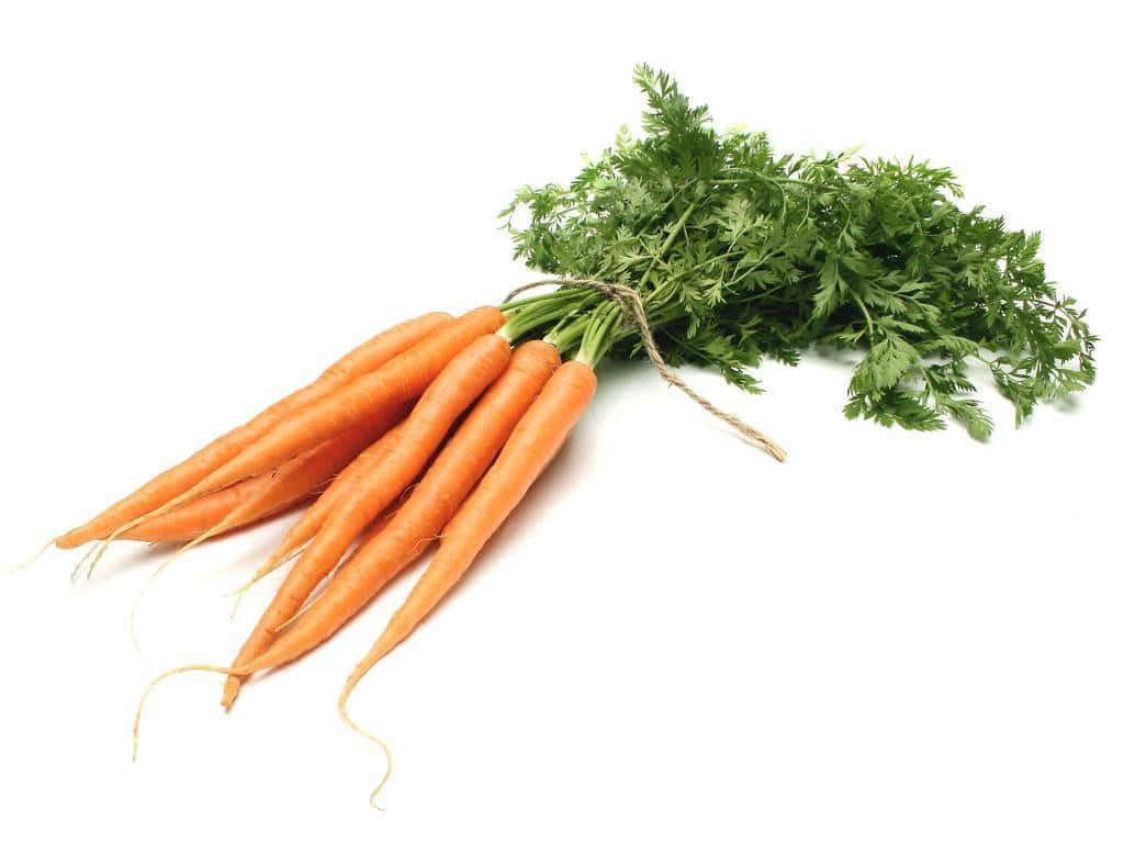 Carrot 桌布 壁紙 — 一束新鮮的鮮橙色胡蘿蔔，帶有綠色頂部，用麻繩捆綁，放在潔淨的白色背景上。