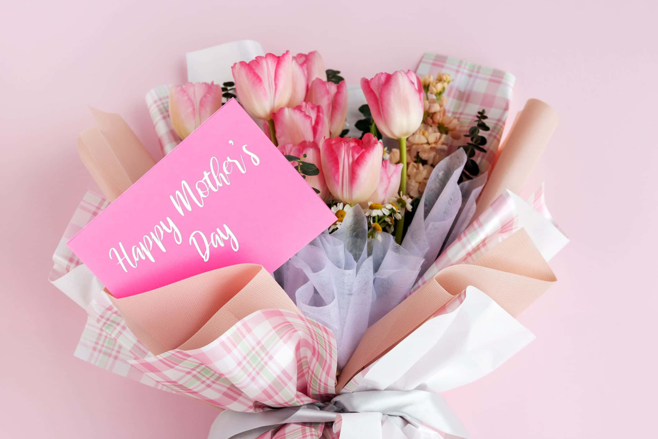 Happy Mothers Day 桌布 壁紙 — 一束柔和的粉紅色鬱金香，用格子紙包裹，附有相配的卡片，上面寫著母親節快樂，背景是粉彩粉紅色。