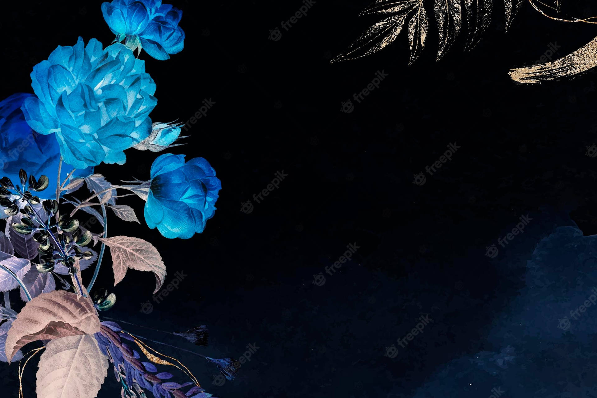 深色紋理背景上帶有漸變色調的藍色玫瑰和金色葉子。