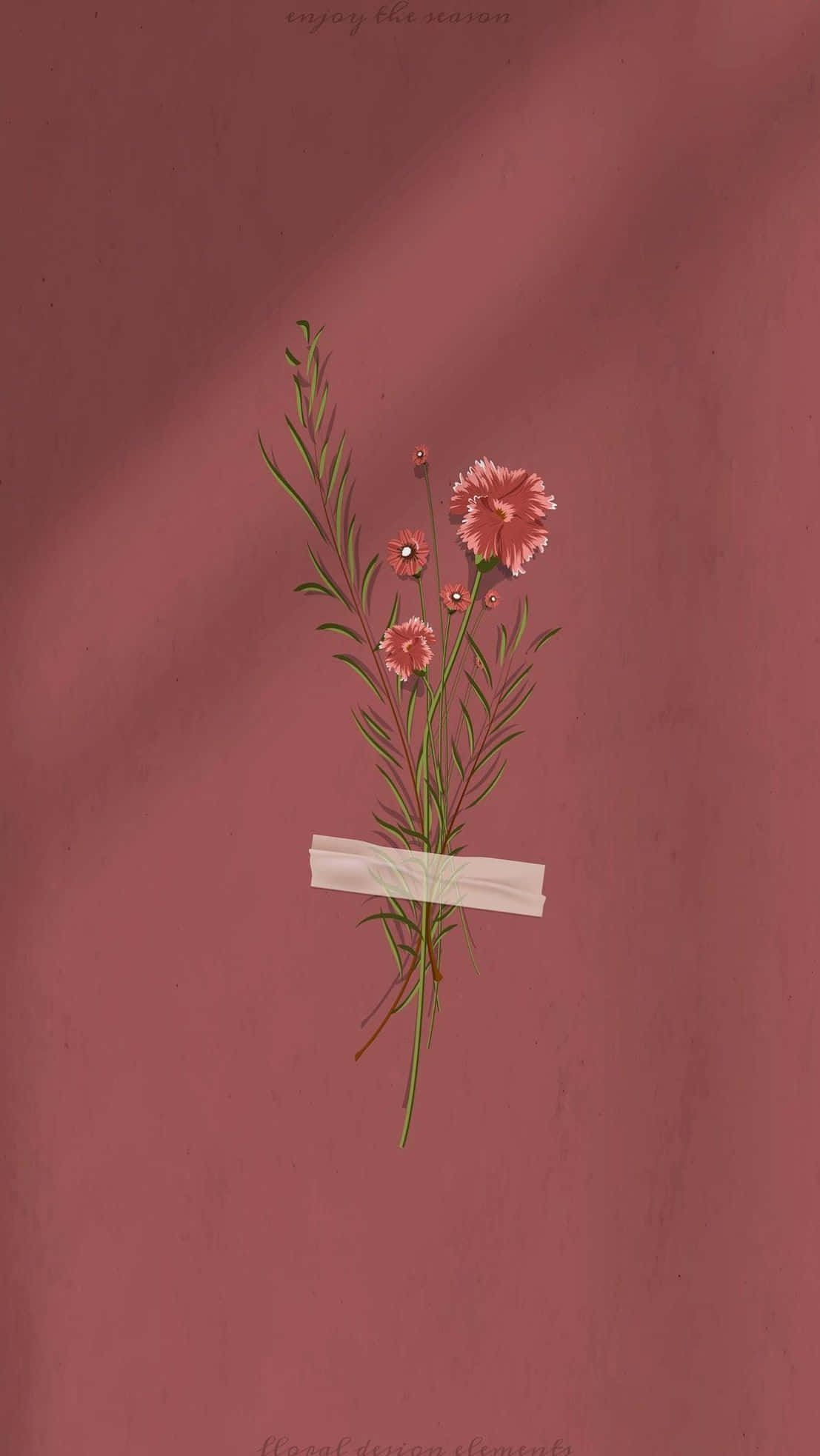 Dried Flowers 桌布 壁紙 — 一束精緻的粉紅色花朵和綠色莖，用白色膠帶綁在一起，背景是帶有紋理的灰玫瑰色。