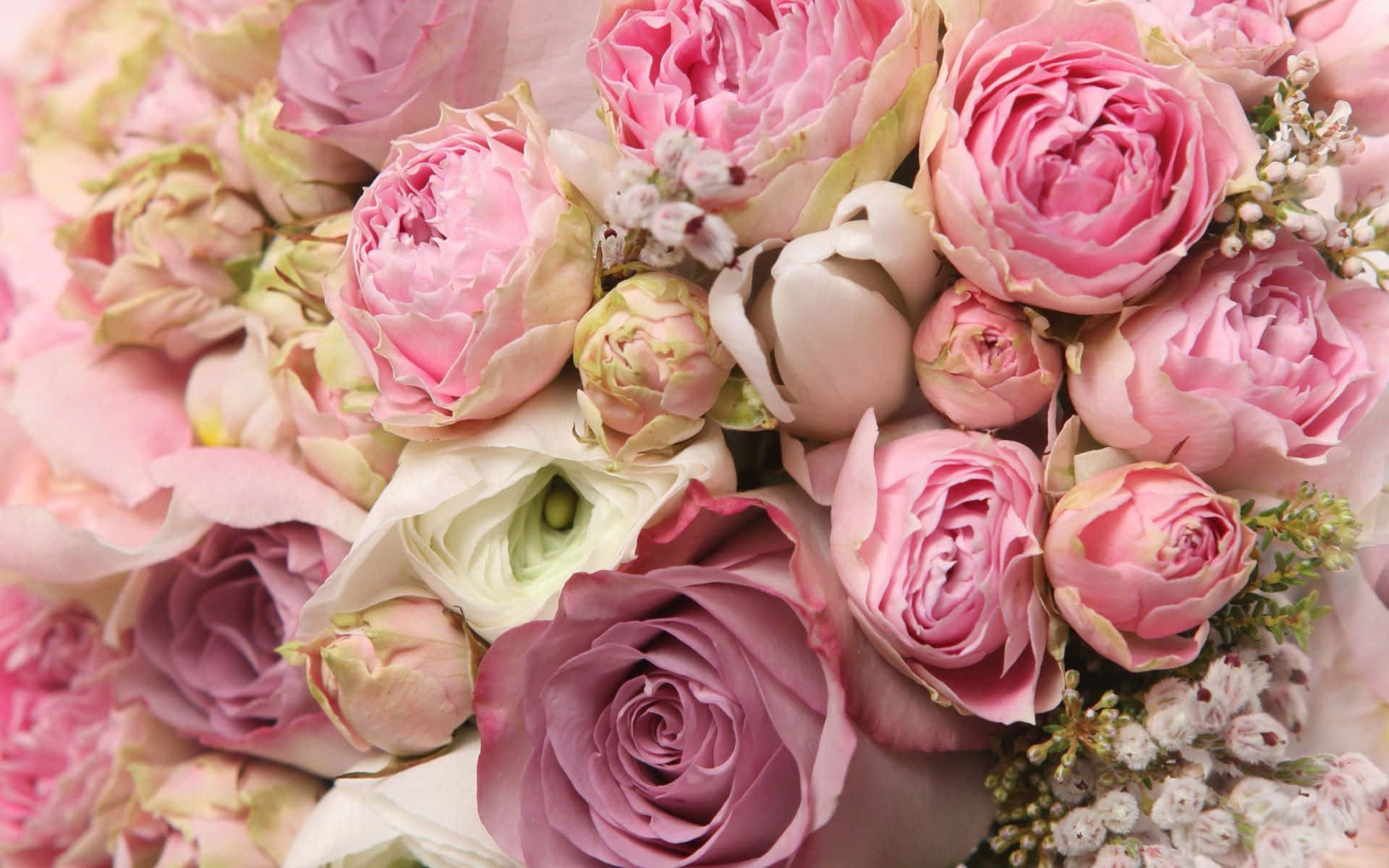 Peony 桌布 壁紙 — 一束茂盛的粉紅和紫紅色玫瑰，搭配精緻的白色填充花朵，呈現柔焦效果。
