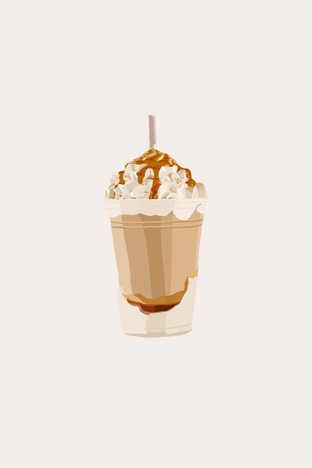 Brown Caramel 桌布 壁紙 — 一杯 creamy 凍咖啡飲品，上面有忌廉和焦糖醬，裝在透明膠杯裡，附有飲管。