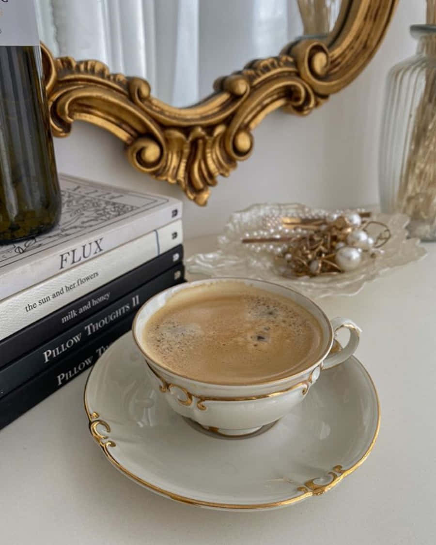 Coffee Cup 桌布 壁紙 — 一杯冒煙的咖啡放在華麗的金邊瓷器套裝中，擱在白色桌子上，旁邊有書本和一個鍍金鏡子。