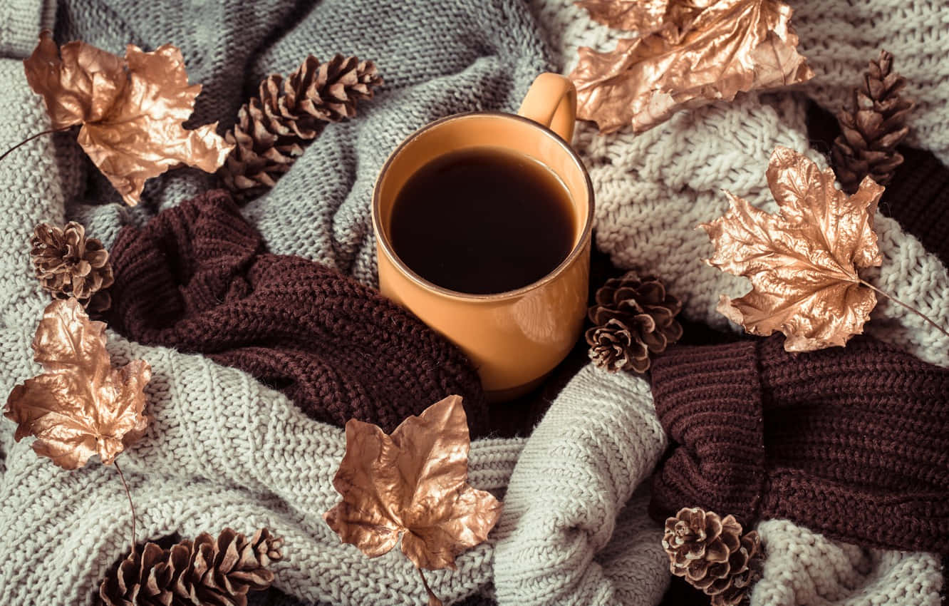 Brown Coffee 桌布 壁紙 — 一杯熱咖啡放在舒適的針織毯上，周圍環繞著銅葉和松果。