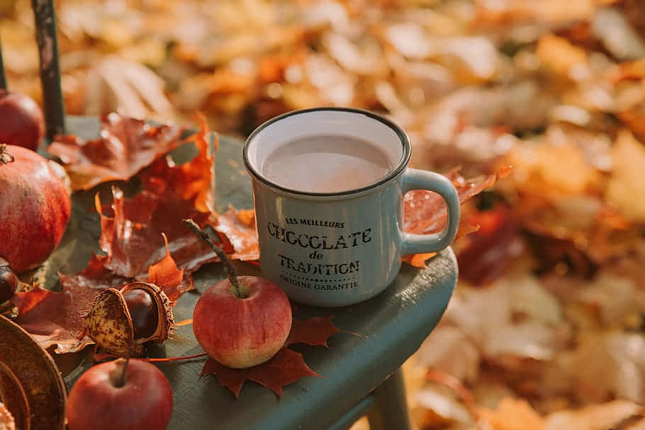 Fall Apples 桌布 壁紙 — 一杯舒適的熱朱古力放在凳子上，周圍環繞著秋葉、蘋果和栗子，沐浴在溫暖的金色光芒中。