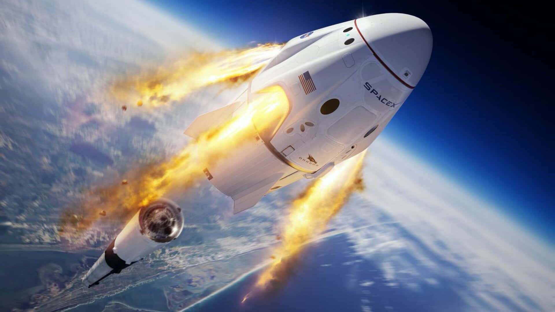 Interstellar Travel 桌布 壁紙 — 一枚SpaceX火箭以熾熱引擎衝破大氣層，背景是藍色地球。