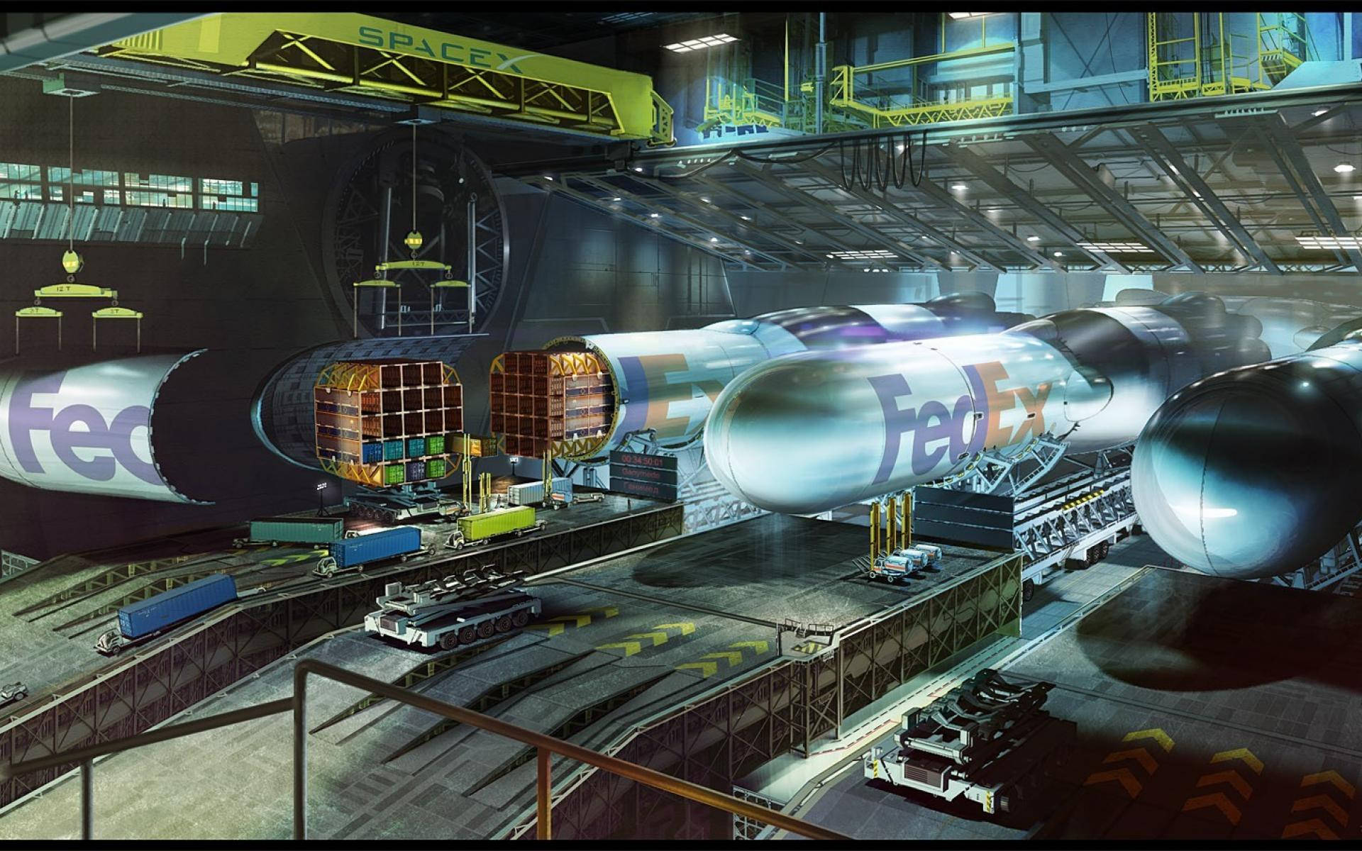 FedEx Blue Origin New Armstrong 壁紙 — 一枚帶有FedEx品牌標誌的大型SpaceX火箭，位於高科技工業機庫內，在明亮的人造燈光下。