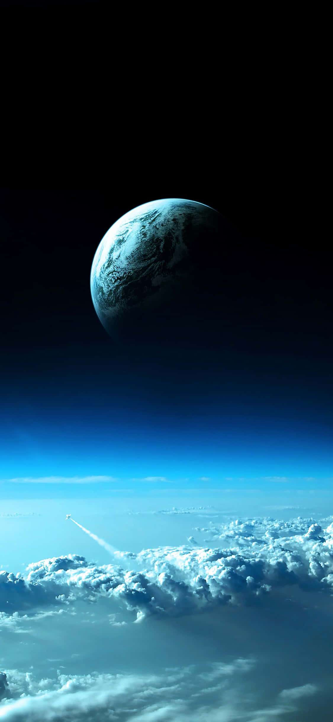 planet earth 桌布 壁紙 — 一枚火箭劃破雲層，朝向懸浮在黑暗宇宙中發光的藍色行星飛去。