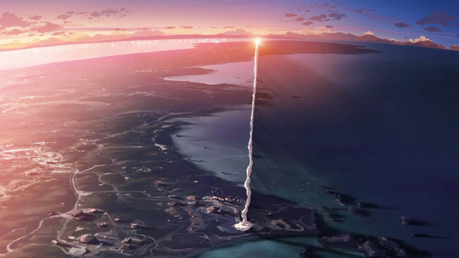 Makoto Shinkai 桌布 壁紙 — 一枚火箭在海岸景觀上方發射到充滿活力的日落天空，留下發光的軌跡。