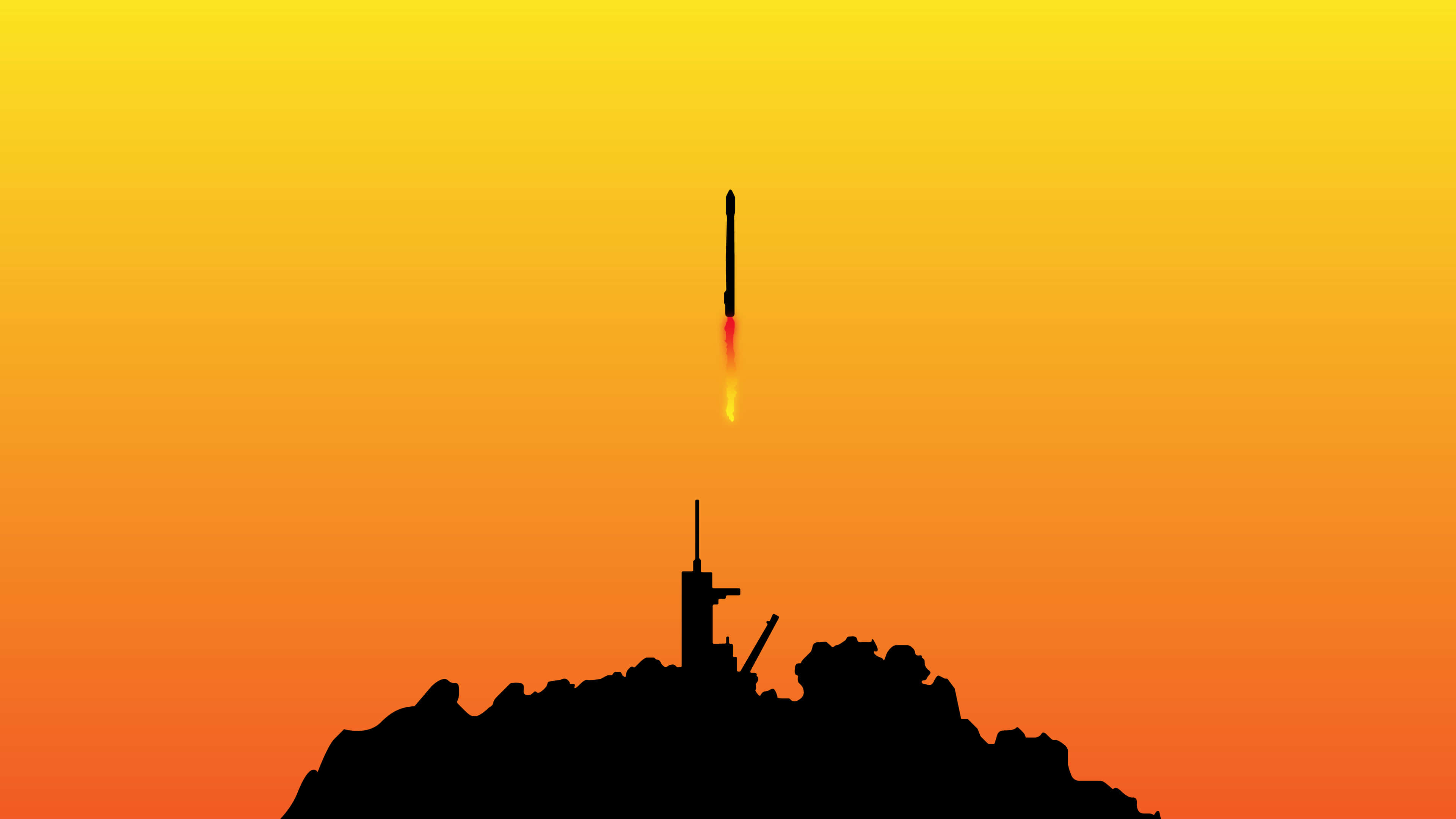 Minimalist Space 桌布 壁紙 — 一枚火箭從剪影般的發射台向上發射，背景是充滿活力的橙色和黃色日落天空。