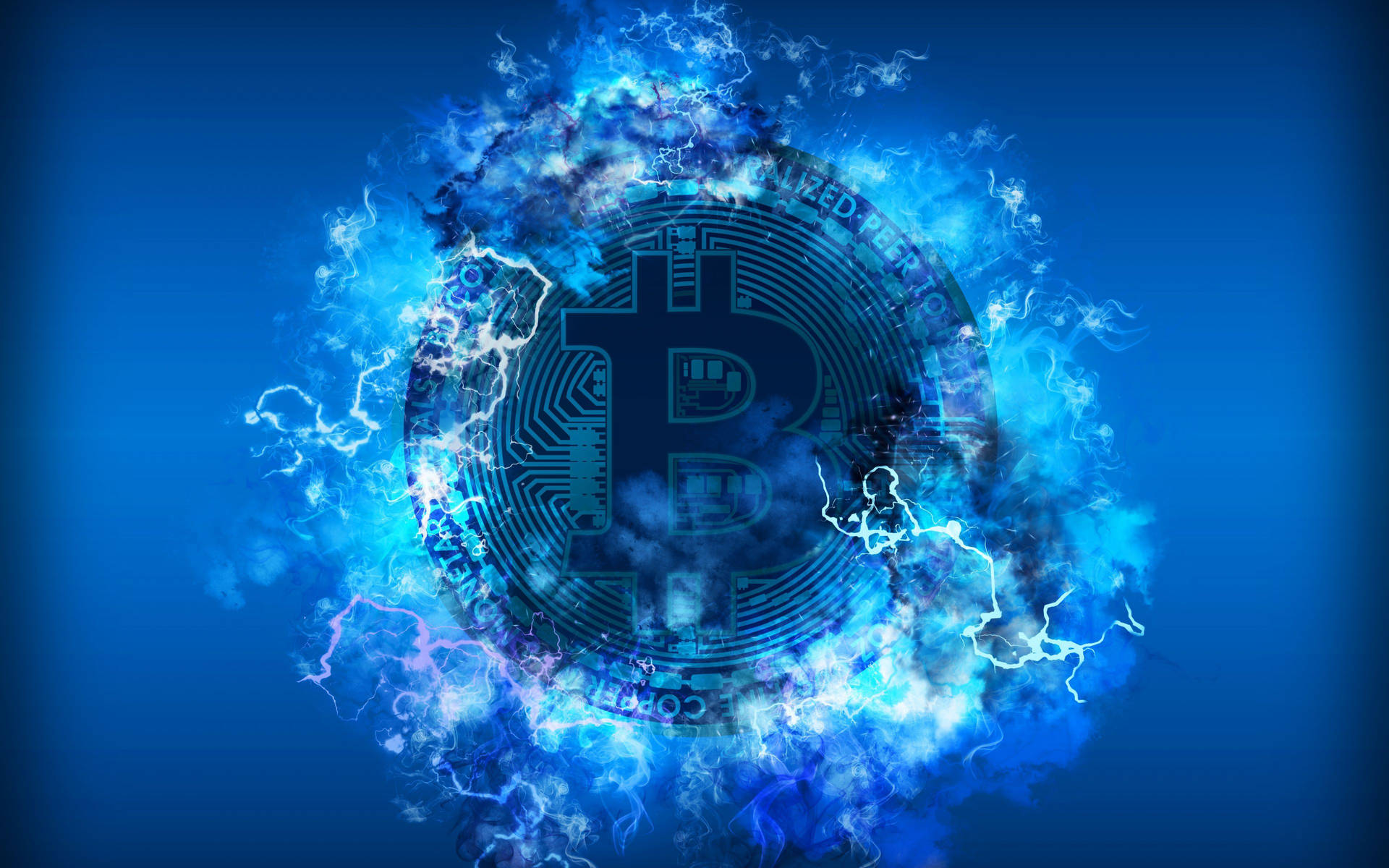 一枚發光的藍色比特幣硬幣，被電光閃電和數碼煙霧環繞。 — 比特幣 壁紙