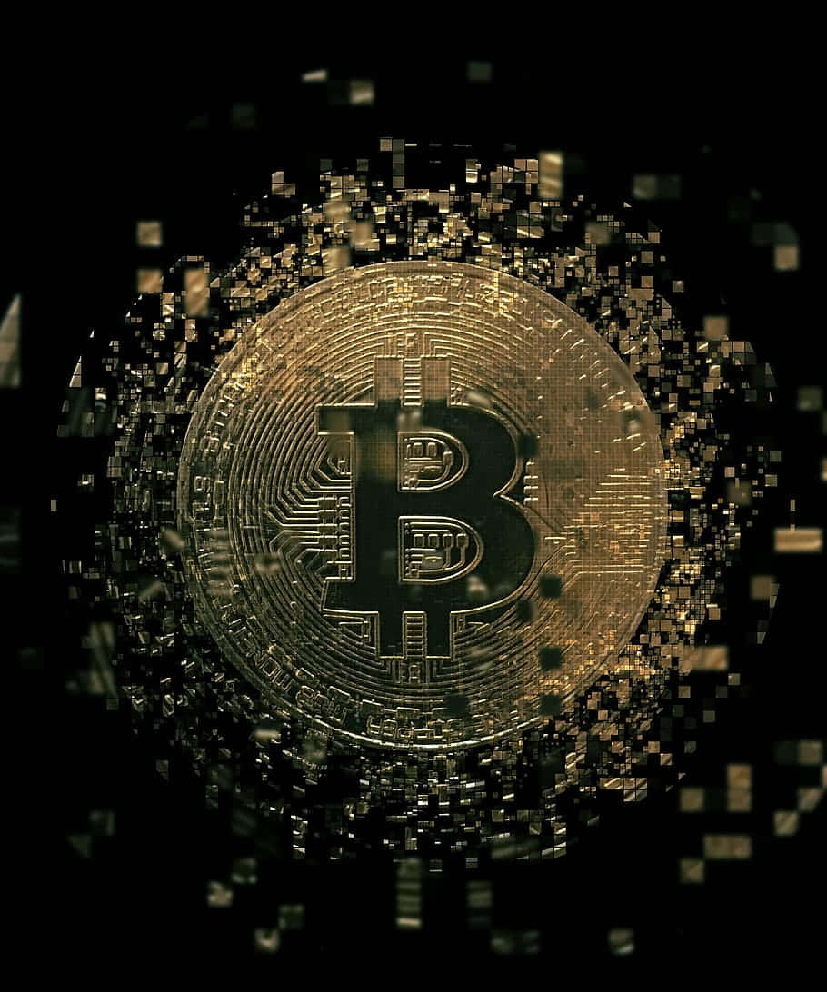 加密貨幣 桌布 壁紙 — 一枚金色比特幣在黑色虛空中與數位粒子一起脈動，象徵加密貨幣的技術本質。