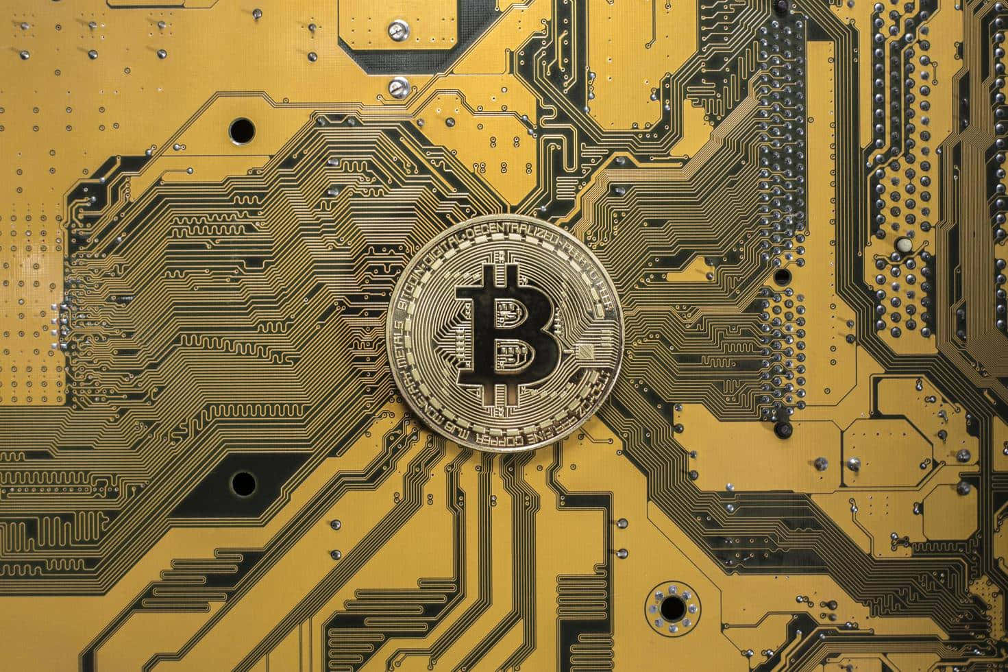 加密貨幣 桌布 壁紙 — 一枚金色比特幣硬幣居中放置在一個細節豐富的黃色電路板上，帶有複雜的黑色線路。