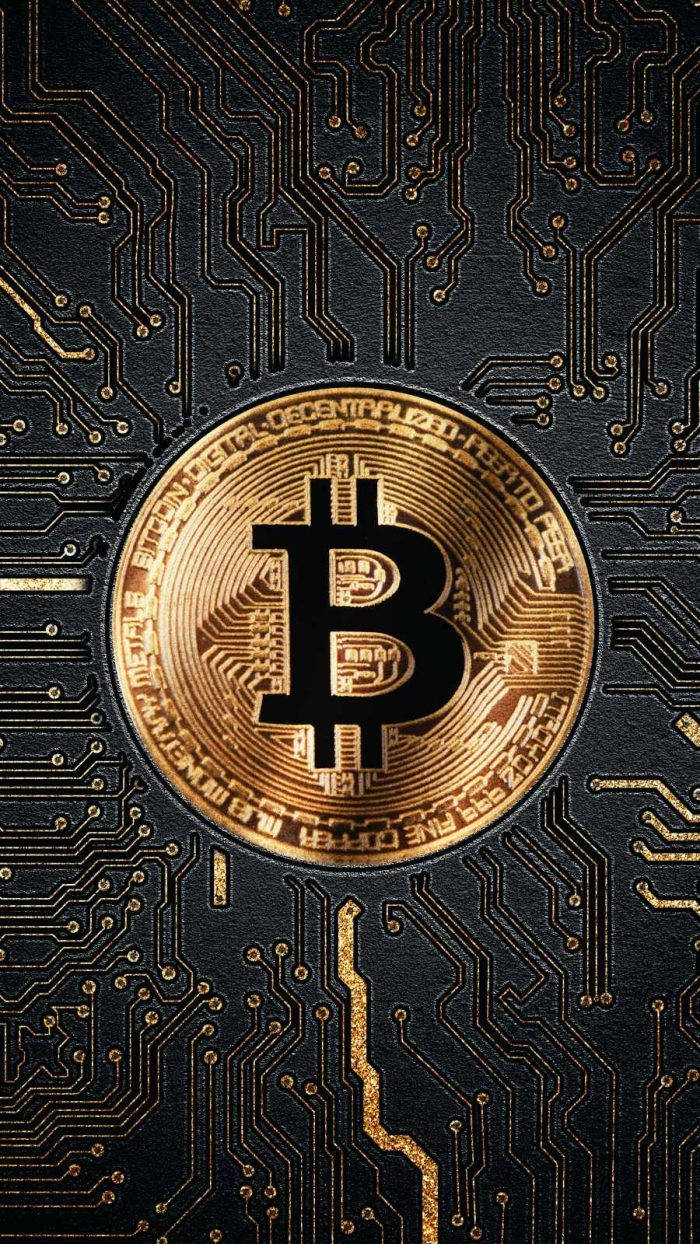 金色比特幣硬幣和帶有金色電路的黑色電路板。 — 比特幣 壁紙