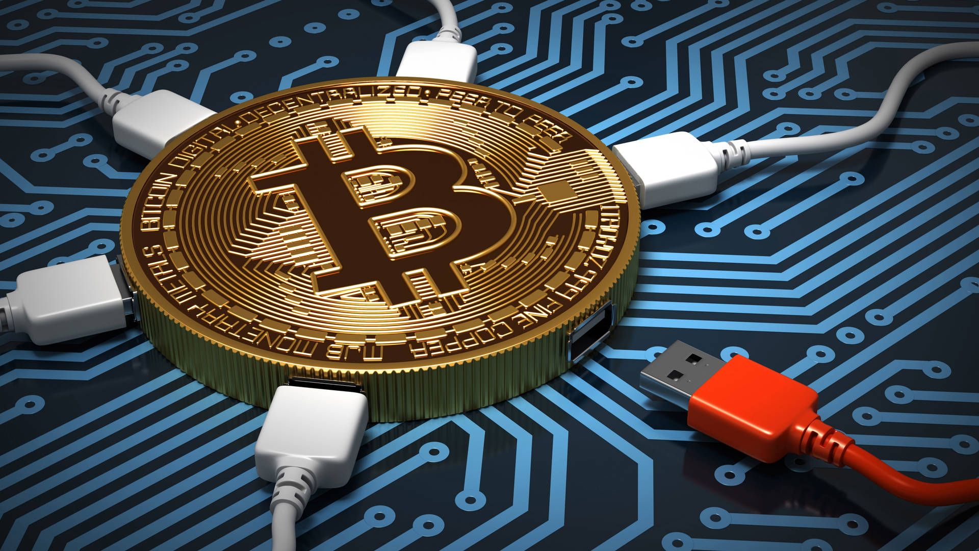 金色比特幣硬幣在電路板上，USB線連接。 — 比特幣 壁紙