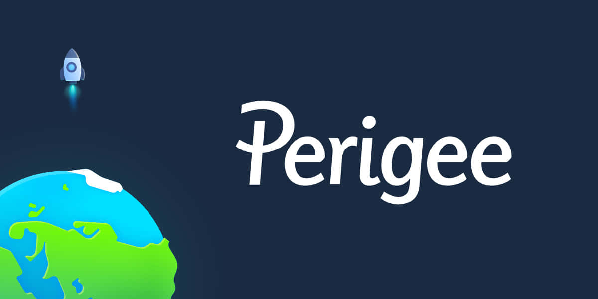 Perigee 桌布 壁紙 — 一枚風格化的火箭從色彩繽紛的地球儀上發射，背景為深藍色，並有白色的「Perigee」字樣。