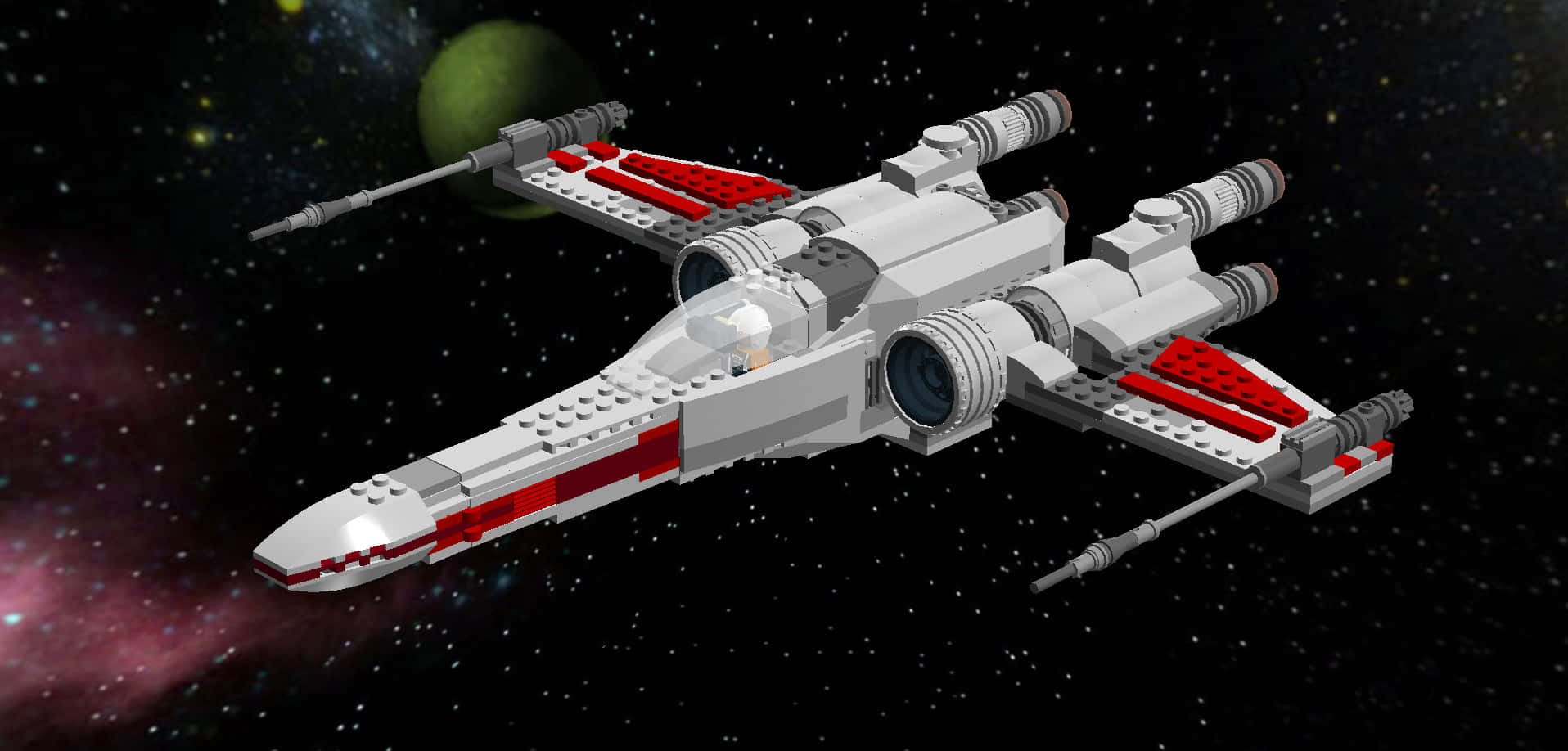 The Z-95 Headhunter 桌布 壁紙 — 一架 LEGO 星球大戰 X-wing 戰機在星空宇宙中滑翔，背景有綠色行星和星雲。