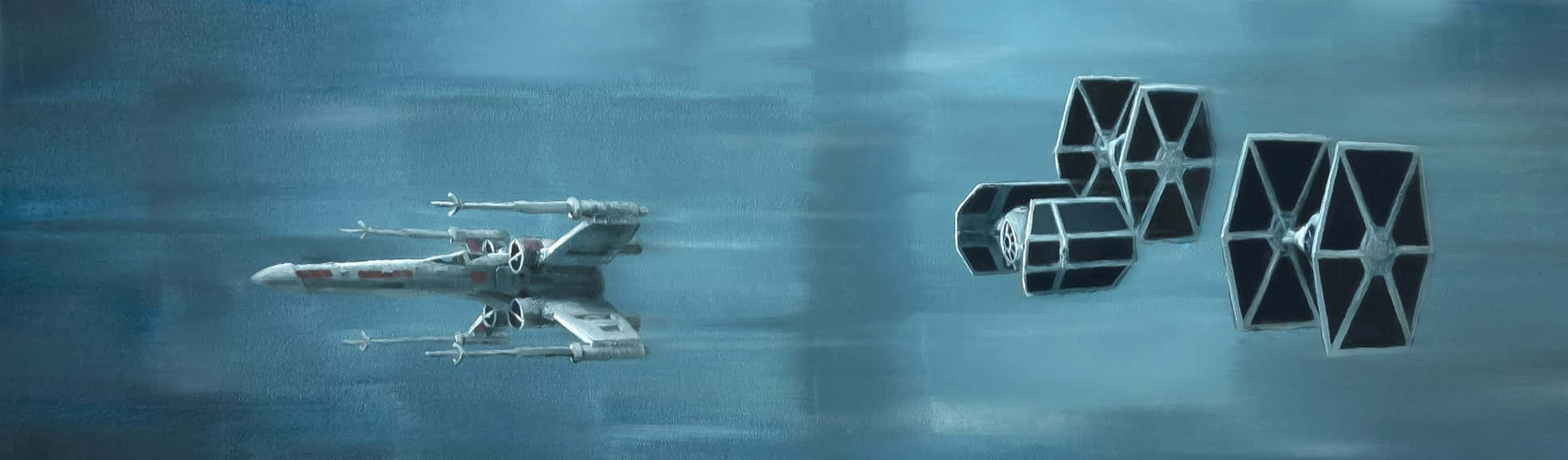 The Trench Run 桌布 壁紙 — 一架X翼戰機在迷霧藍天中進行緊張的纏鬥，躲避三架鈦戰機。
