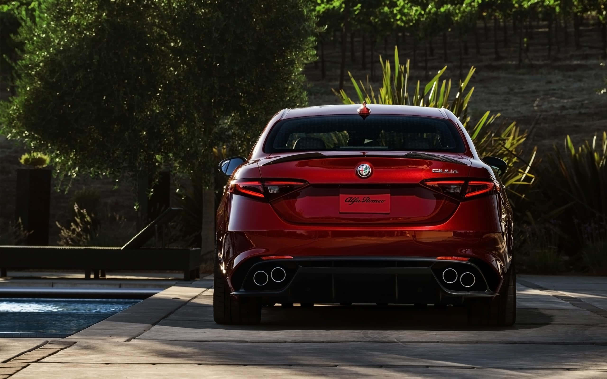 Alfa Romeo Giulia 桌布 壁紙 — 一架亮紅色嘅Alfa Romeo Giulia跑車停泊喺泳池旁邊，背景有茂密嘅綠色植物。