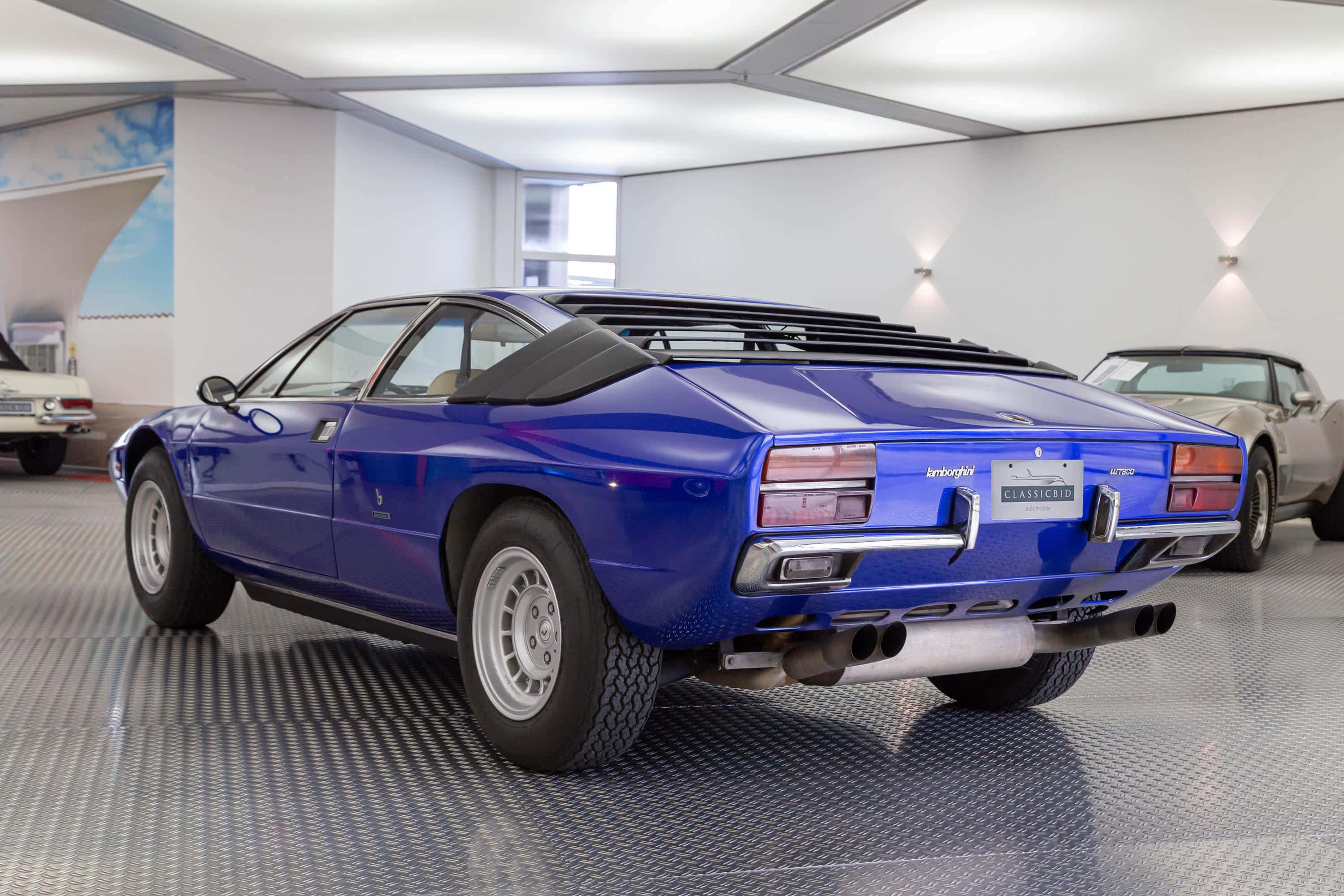 Lamborghini Urraco 桌布 壁紙 — 一架亮藍色林寶堅尼Jalpa跑車在明亮現代、地板反光的車庫中從後方展示。