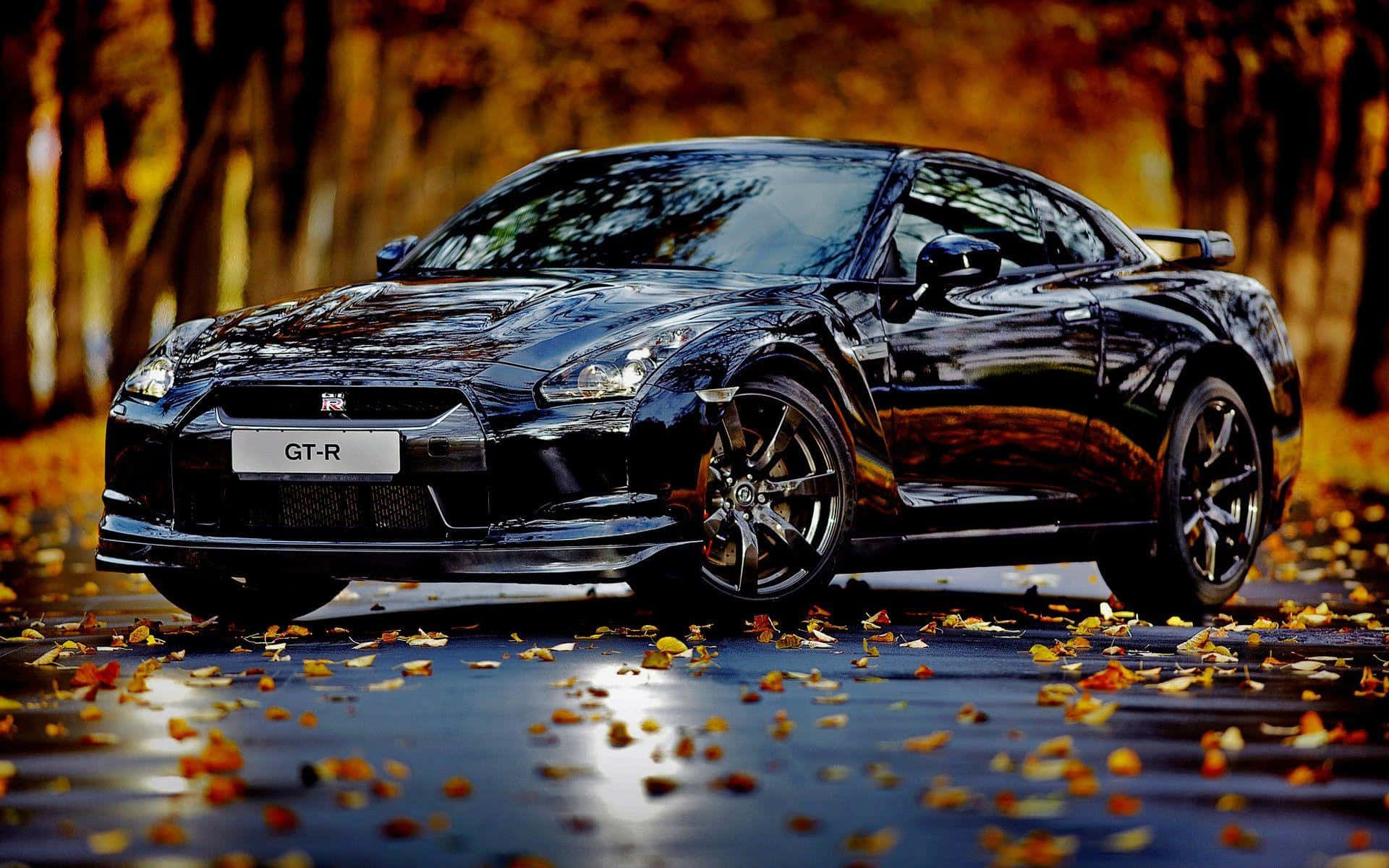 Gtr 桌布 壁紙 — 一架亮黑色日產GT-R跑車停泊在鋪滿金色秋葉的潮濕森林道路上。