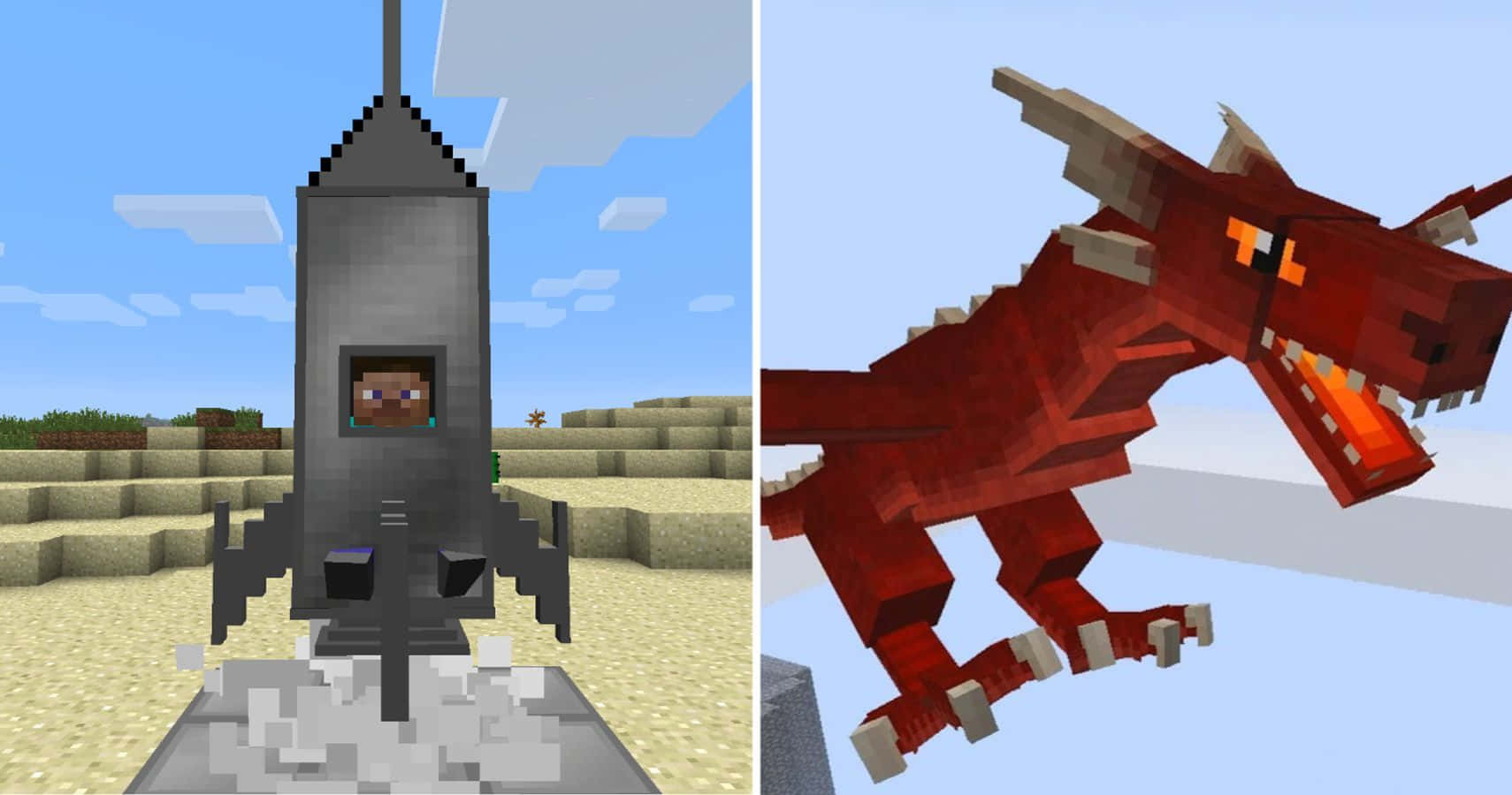 Minecraft Mods 桌布 壁紙 — 一架像素化的Minecraft火箭，內有玩家，從沙漠發射，而一隻眼睛發光的紅龍在附近飛翔。