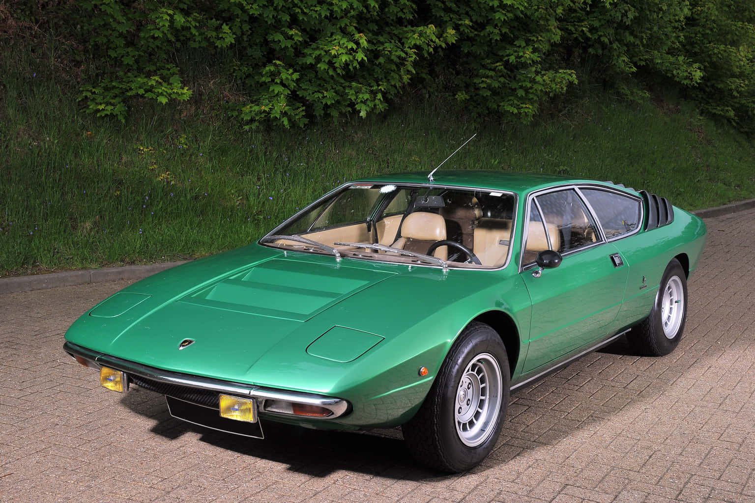 Lamborghini Urraco 桌布 壁紙 — 一架充滿活力的綠色經典林寶堅尼Marzal停泊在鋪砌的車道上，背後是茂密的綠色樹葉。