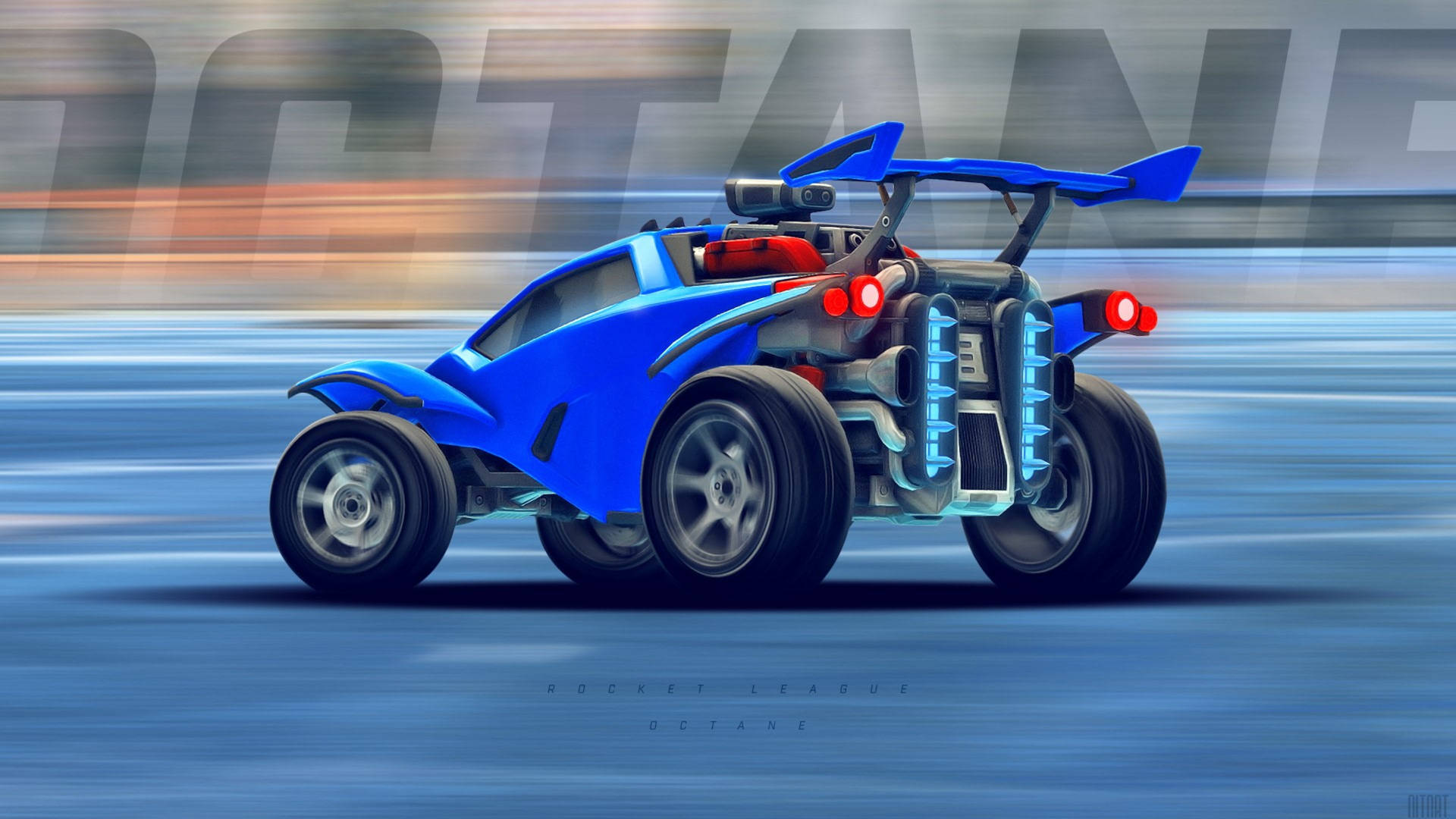 藍色Rocket League Octane汽車以發光排氣管和動態模糊競速。 — 火箭聯盟 GIF 壁紙