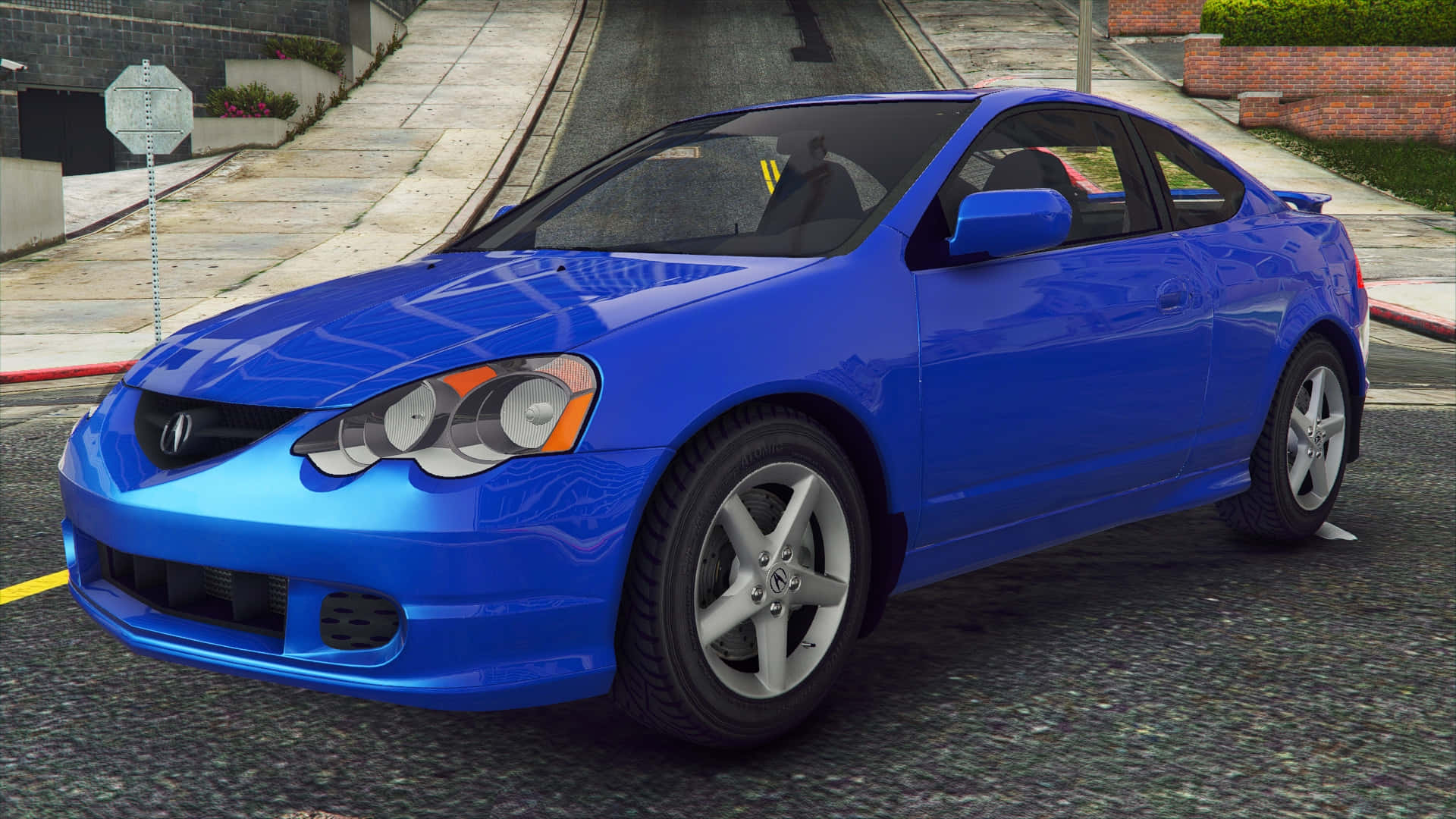 Acura Rsx 桌布 壁紙 — 一架充滿活力的藍色運動型轎跑車停泊在城市的街道上，背景有磚牆和停車標誌。