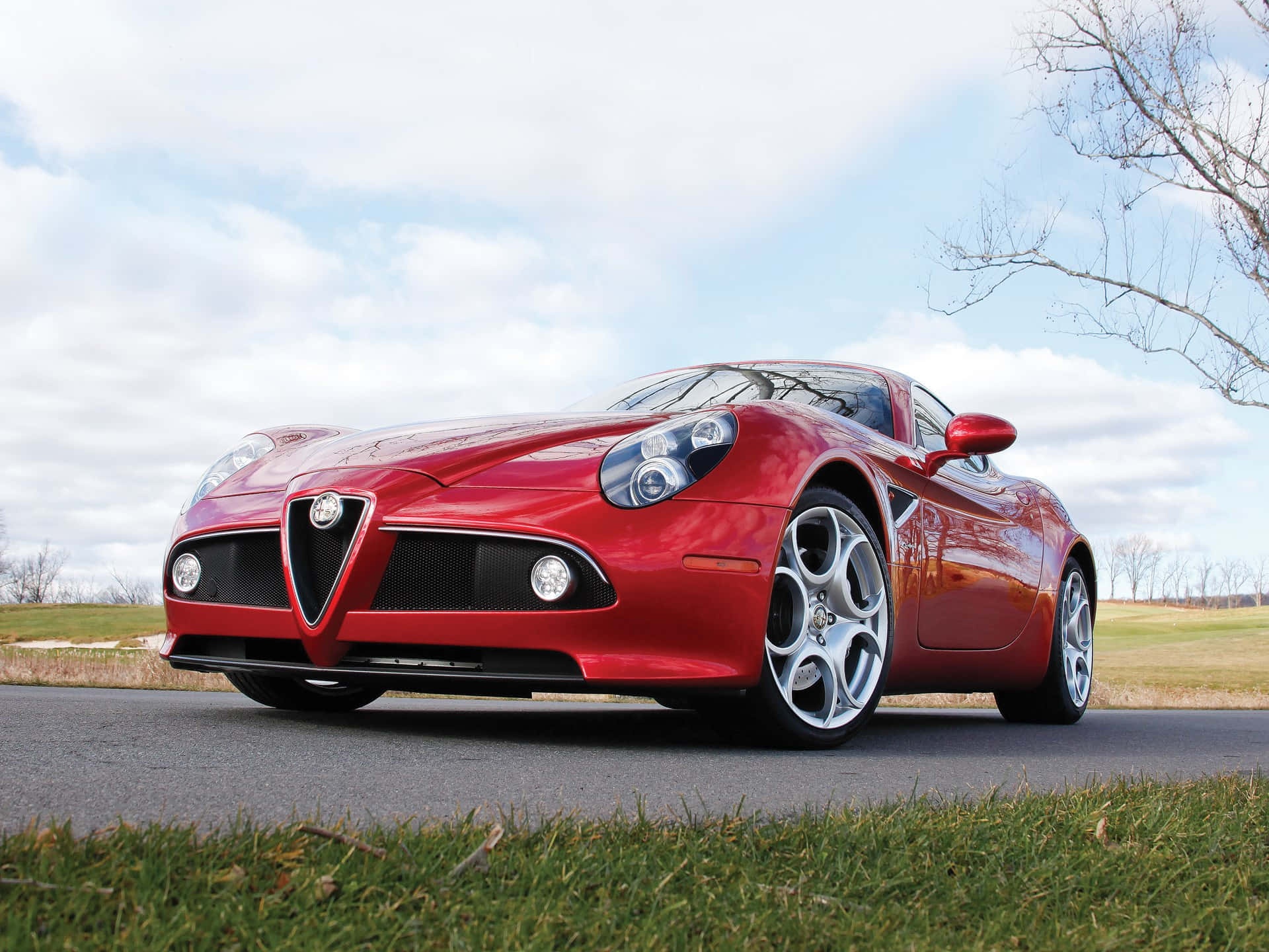 Alfa Romeo 8c Competizione 桌布 壁紙 — 一架光澤的紅色愛快羅密歐跑車停泊在鋪砌的道路上，旁邊有草地，天空多雲。