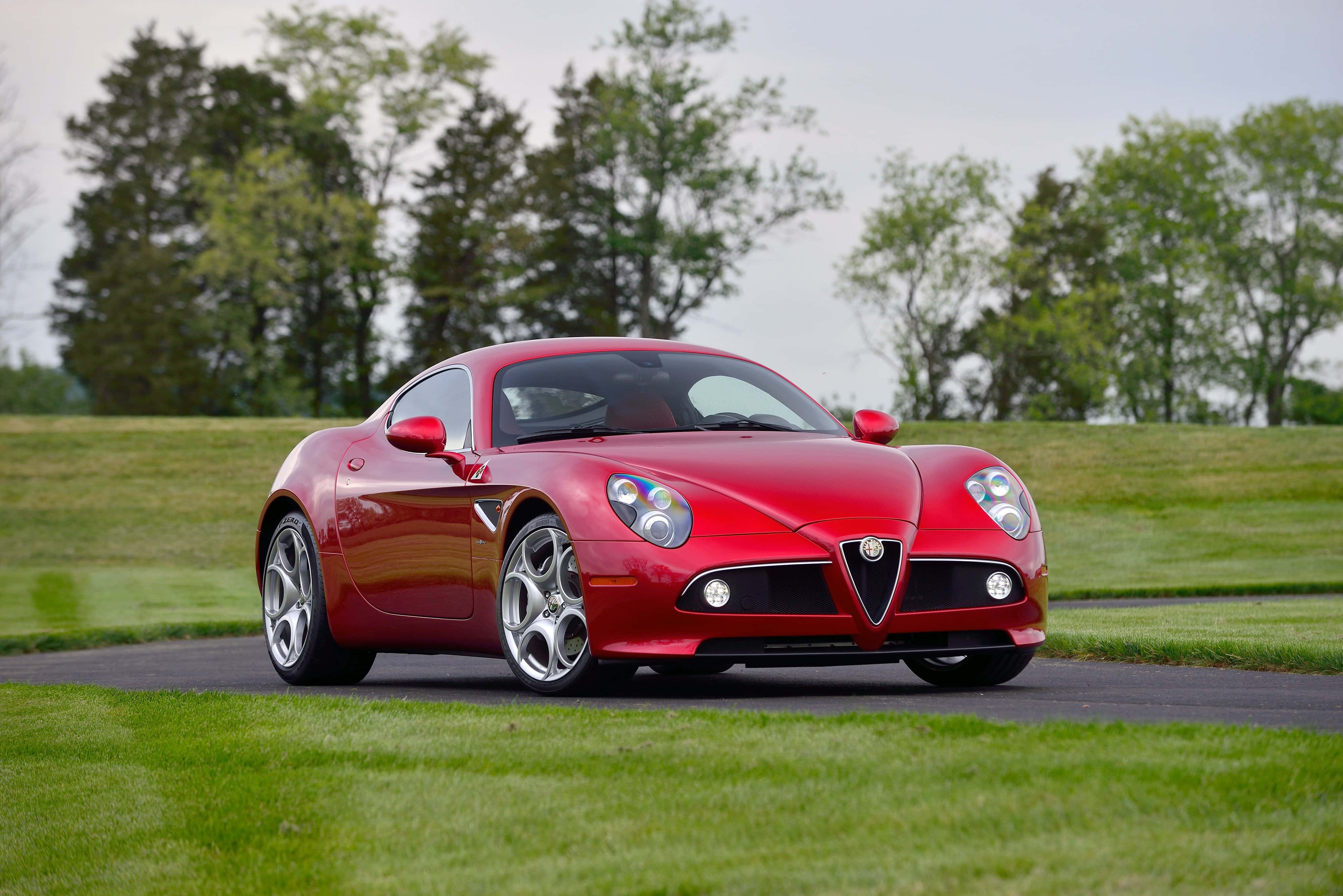Alfa Romeo 8c Competizione 桌布 壁紙 — 一架光澤的紅色愛快羅密歐跑車停泊在鋪砌道路上，周圍是茂密的綠草和樹木，天空多雲。