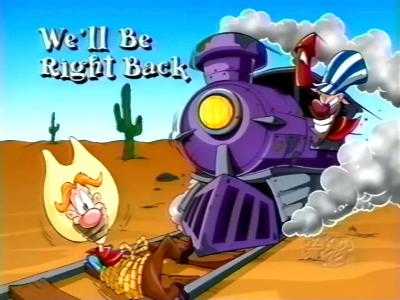 The Wacky World Of Tex Avery 桌布 壁紙 — 一架卡通火車載著微笑的車長穿過有仙人掌的沙漠，附近一個火焰中的角色在笑。